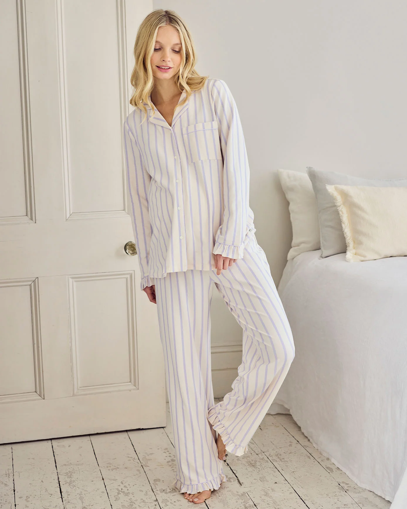 Maternity Organic Cotton Lilac Stripe Frill Long Pyjama Set - Image 2