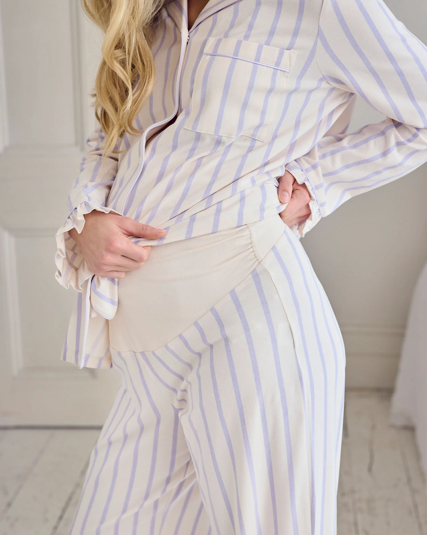Maternity Organic Cotton Lilac Stripe Frill Long Pyjama Set - Image 3