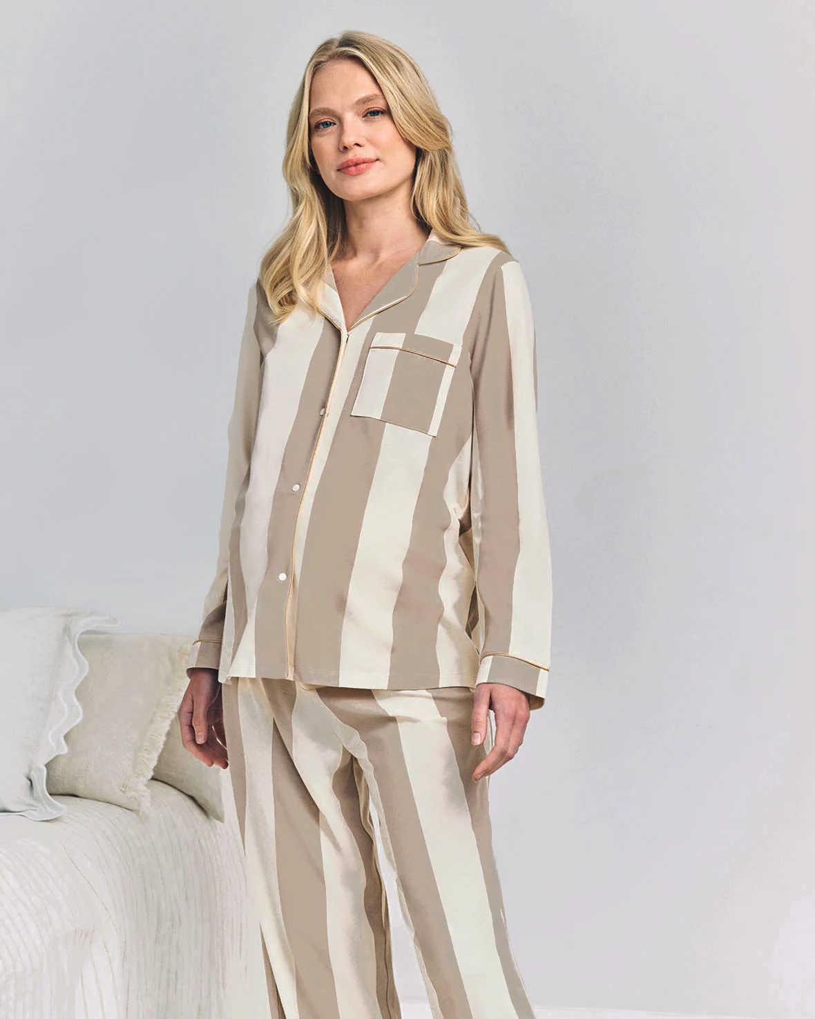 Maternity Organic Cotton Stripe Long Pyjama Set - Taupe - Image 2