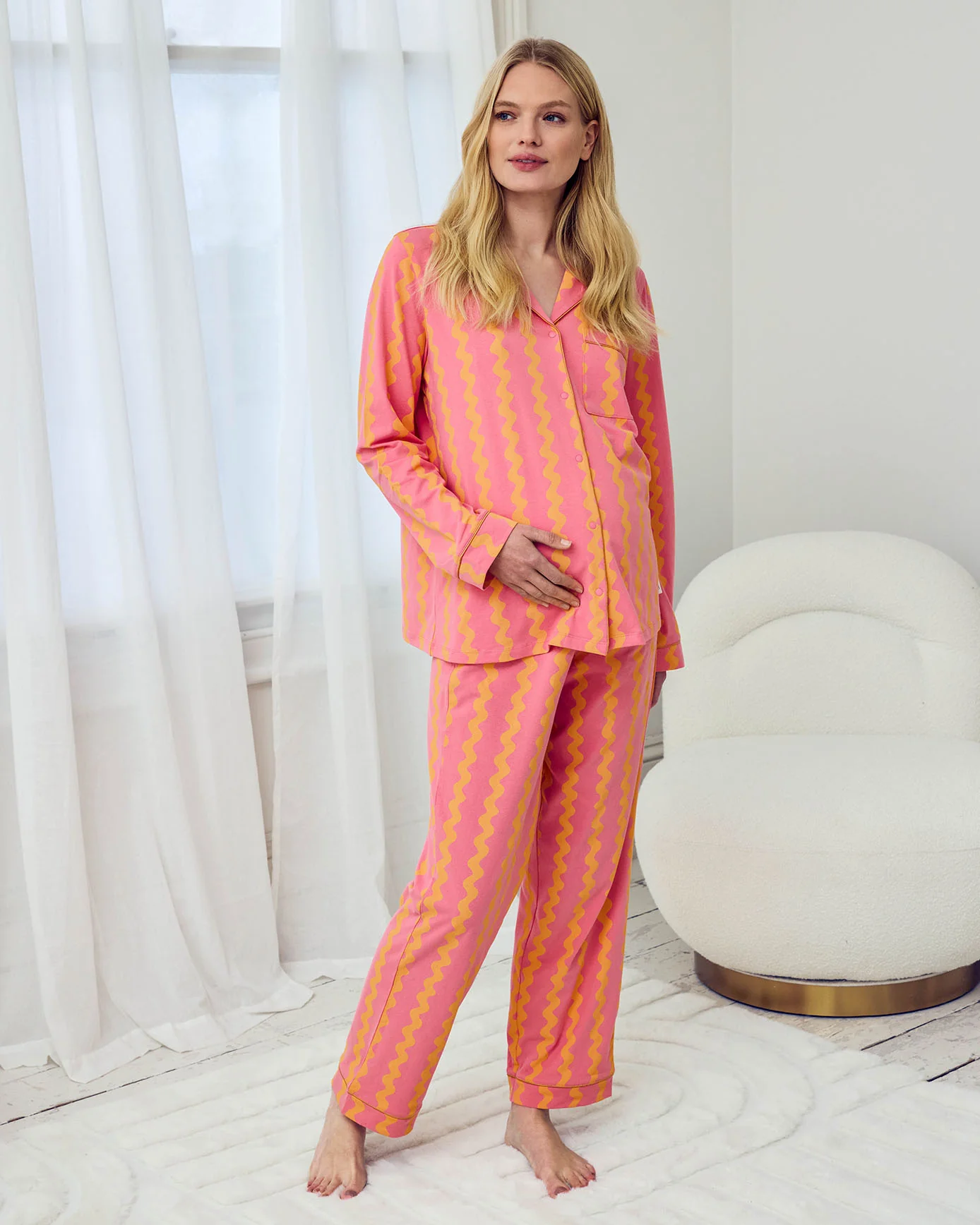 Maternity Organic Cotton Sunset Wavy Stripe Long Pyjama Set
