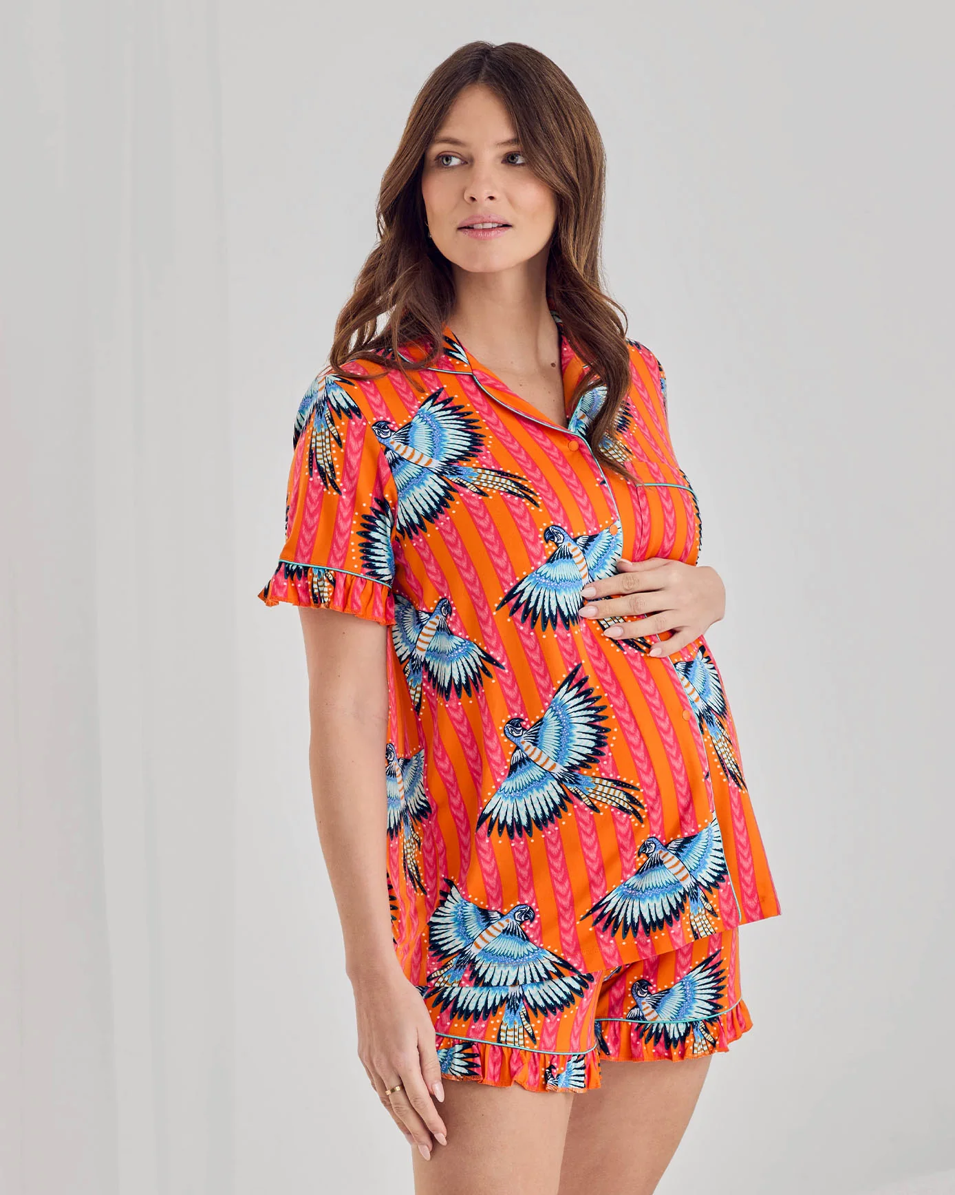 Maternity Parrot Stripe Print Frill Short Pyjama Set