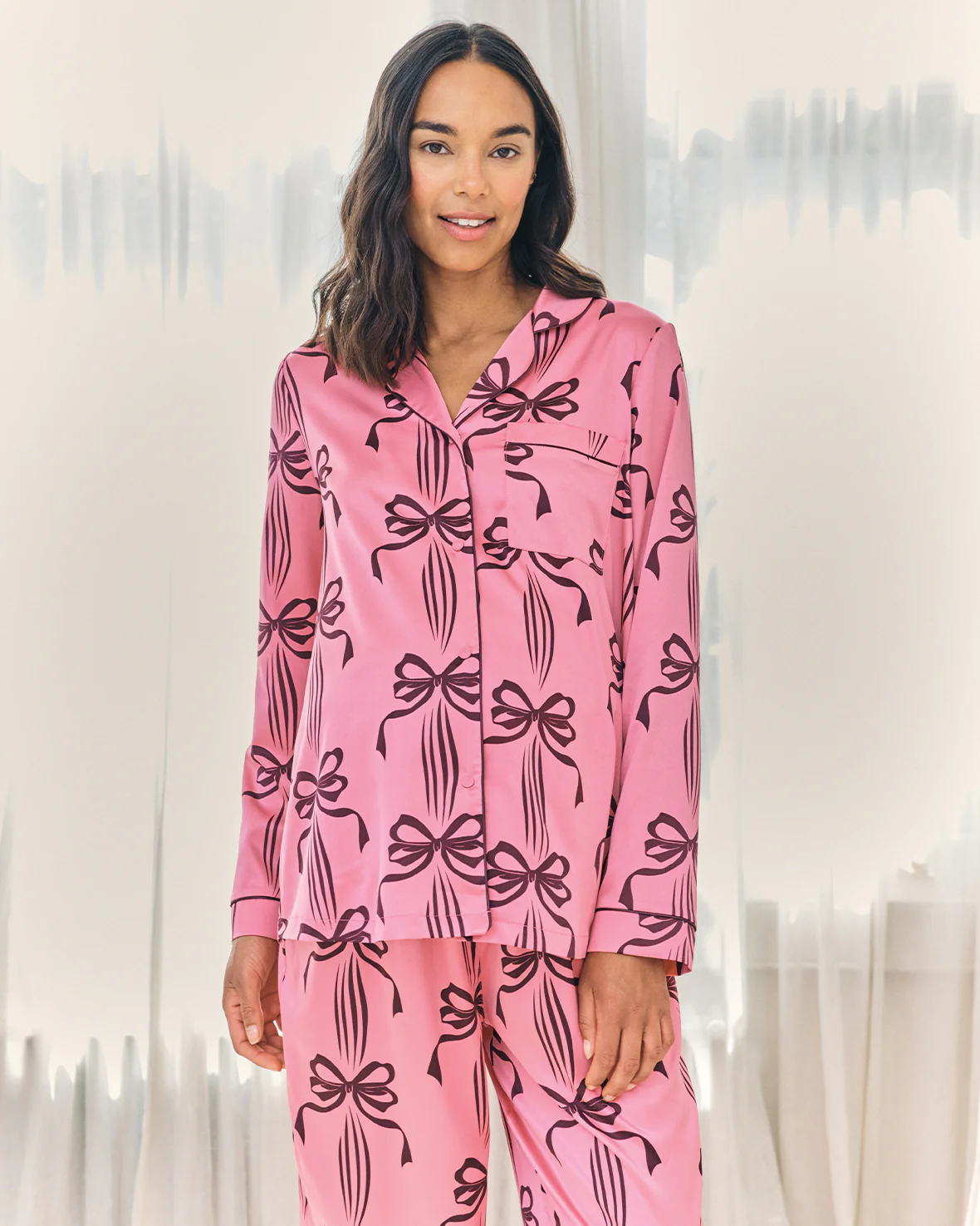 Maternity Satin Bow Print Long Pyjama Set - Image 3