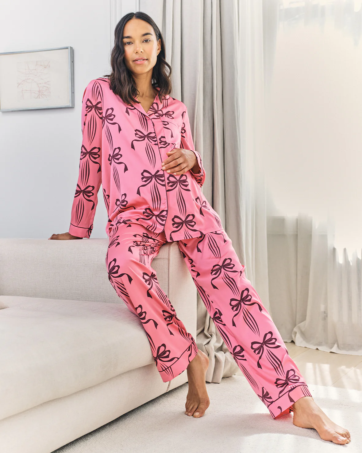 Maternity Satin Bow Print Long Pyjama Set - Image 6