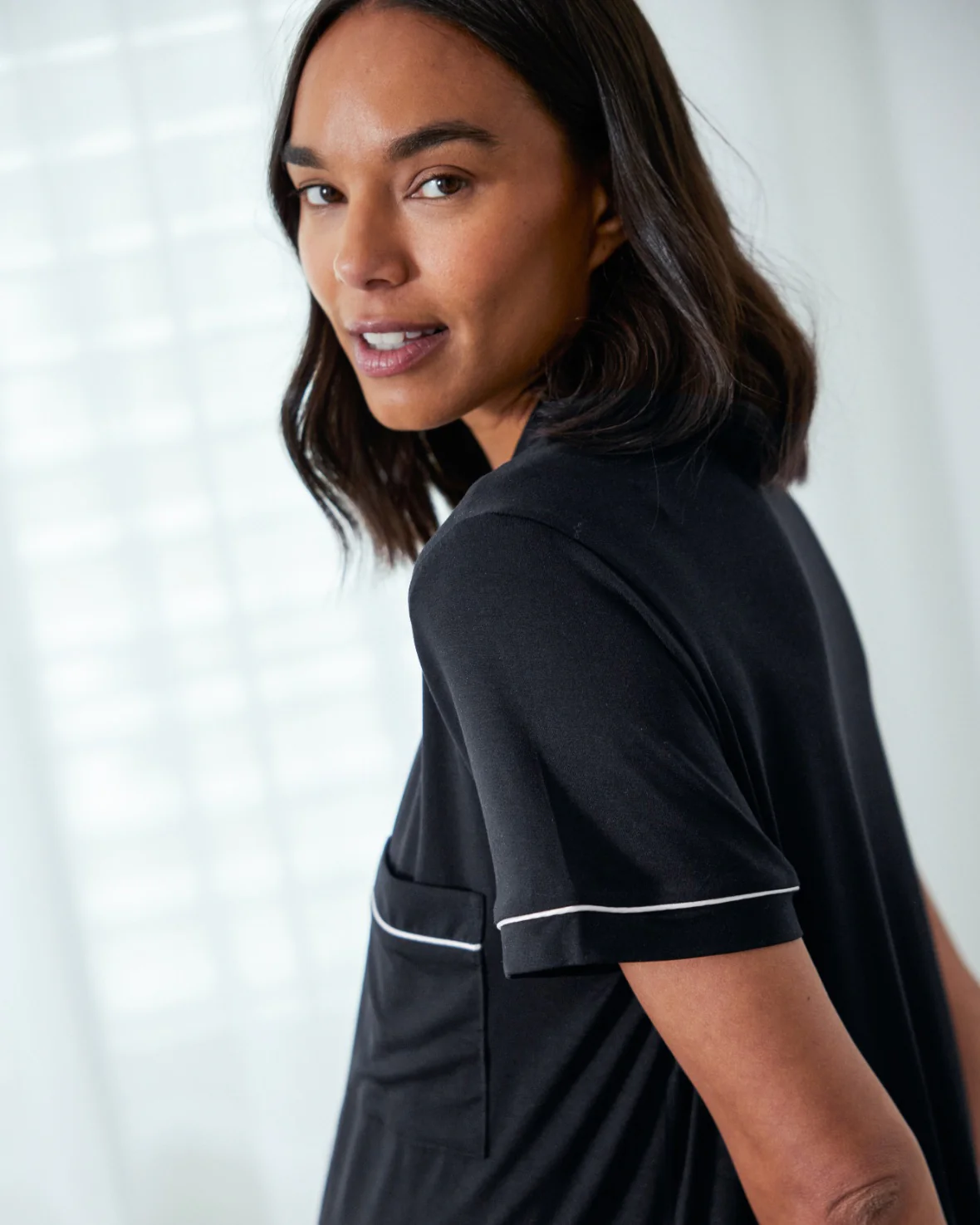 Maternity TENCEL™ Modal Short Button Up Pyjama Set - Black - Image 3