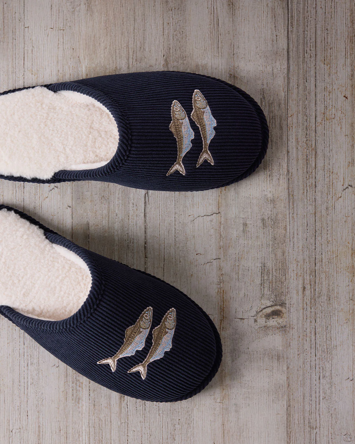 Mens Corduroy Embroidered Fish Slippers - Image 4