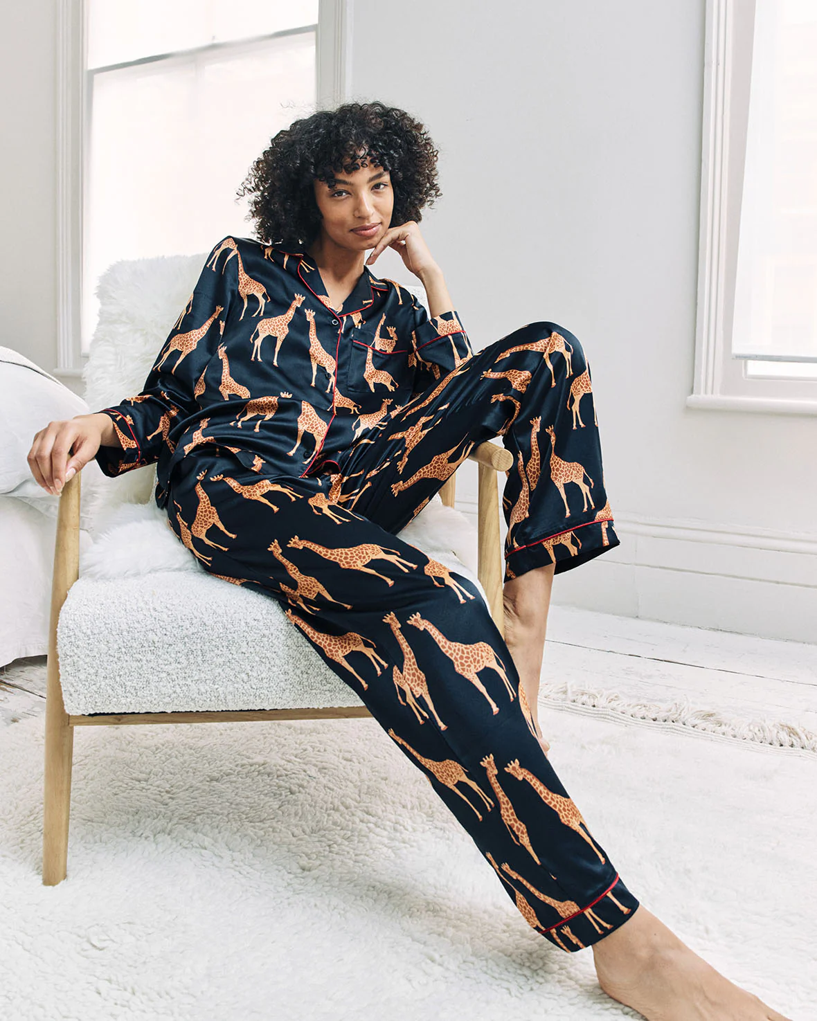 Satin Giraffe Print Long Pyjama Set - Navy - Image 6
