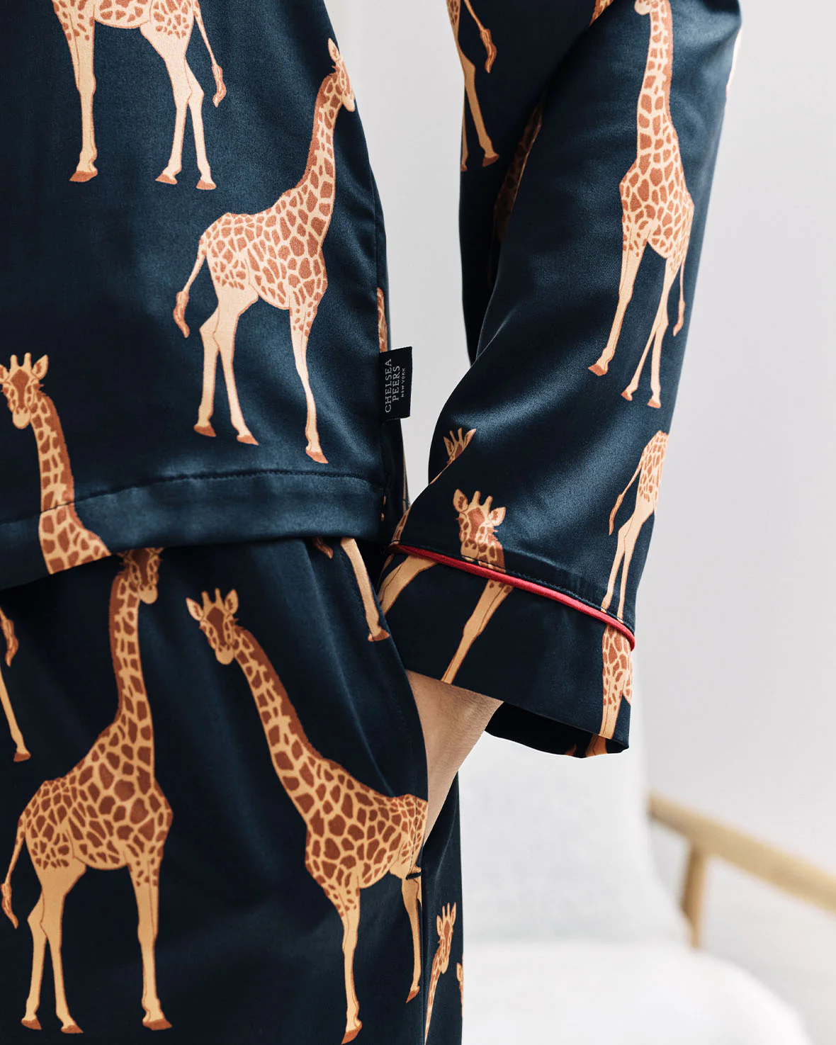 Satin Giraffe Print Long Pyjama Set - Navy - Image 7