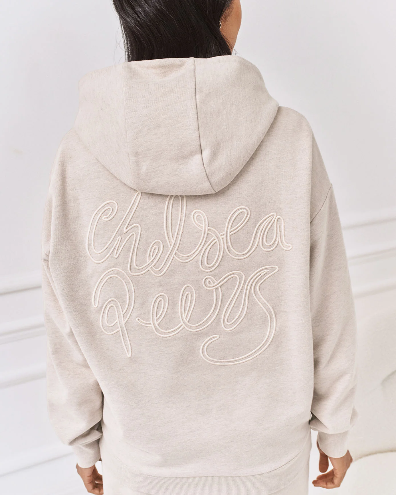 Organic Cotton Back Embroidered Script Logo Hoodie - Beige