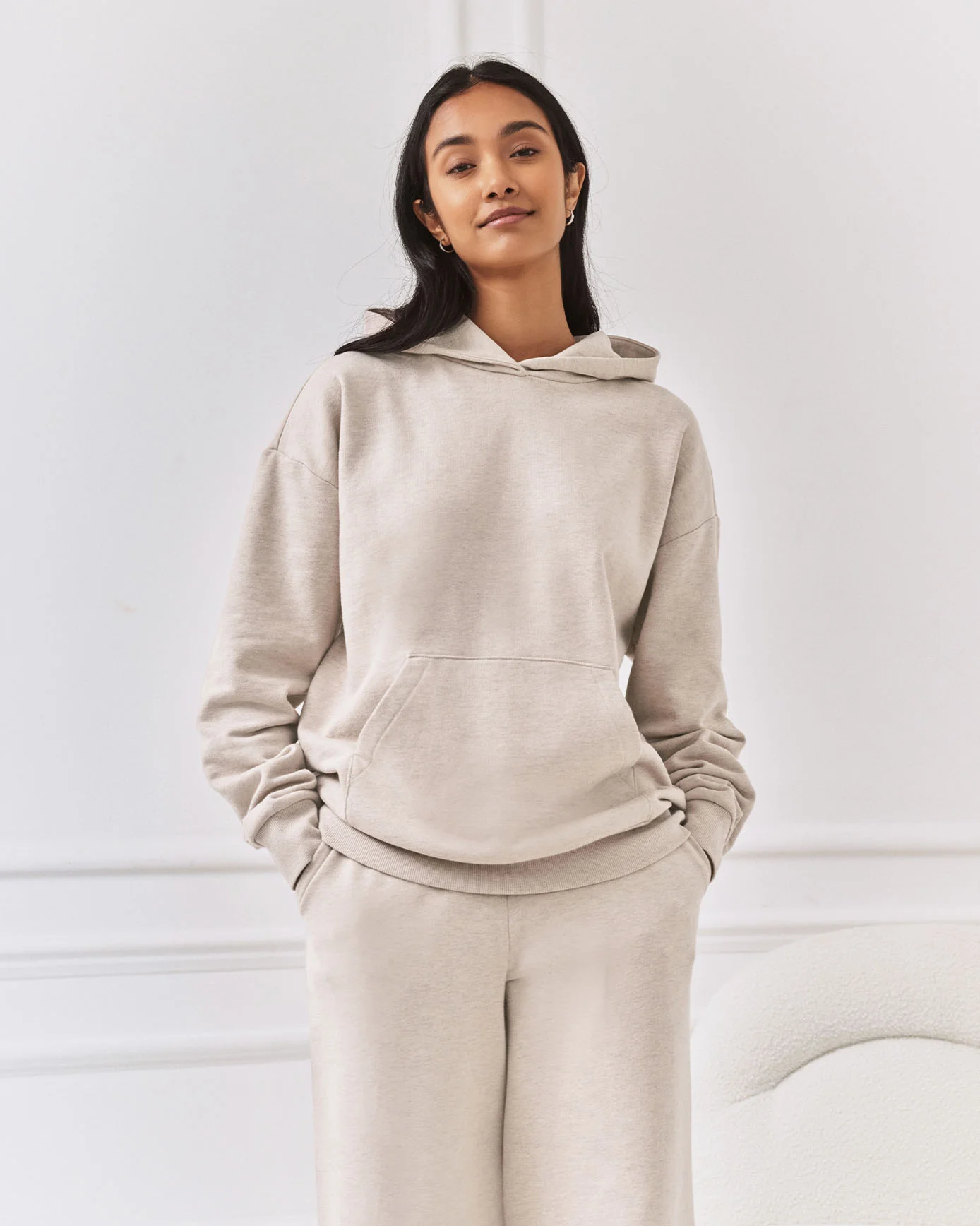 Organic Cotton Back Embroidered Script Logo Hoodie - Beige - Image 2
