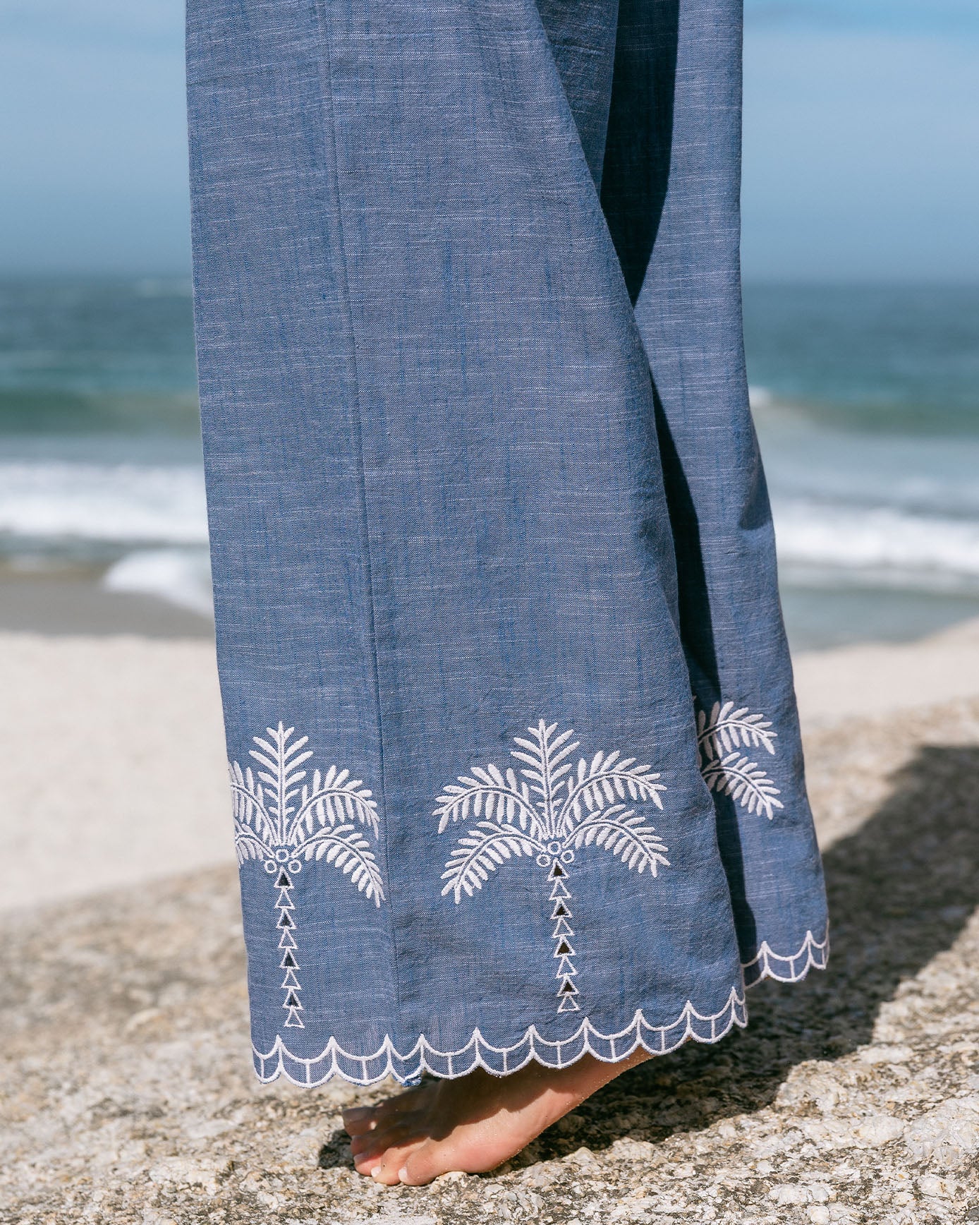 Organic Cotton Chambray Embroidered Scallop Edge Wide Leg Trousers - Image 3