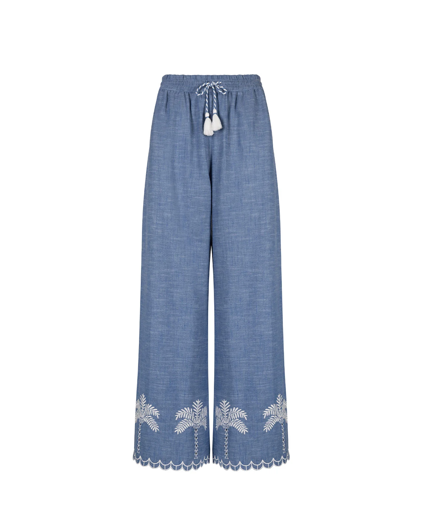 Organic Cotton Chambray Embroidered Scallop Edge Wide Leg Trousers - Image 5