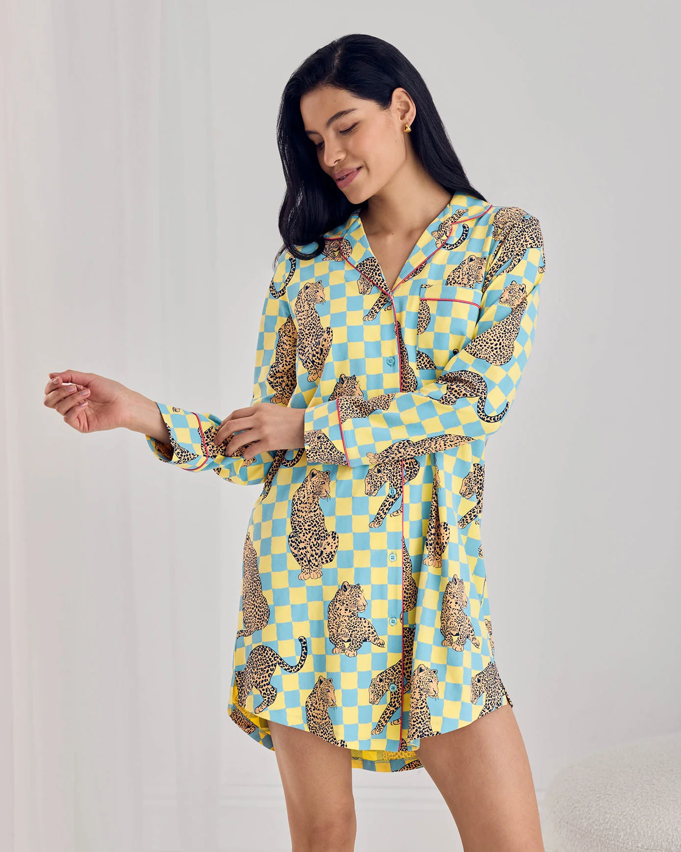 Organic Cotton Checkerboard Leopards Print Button-Up Nightshirt