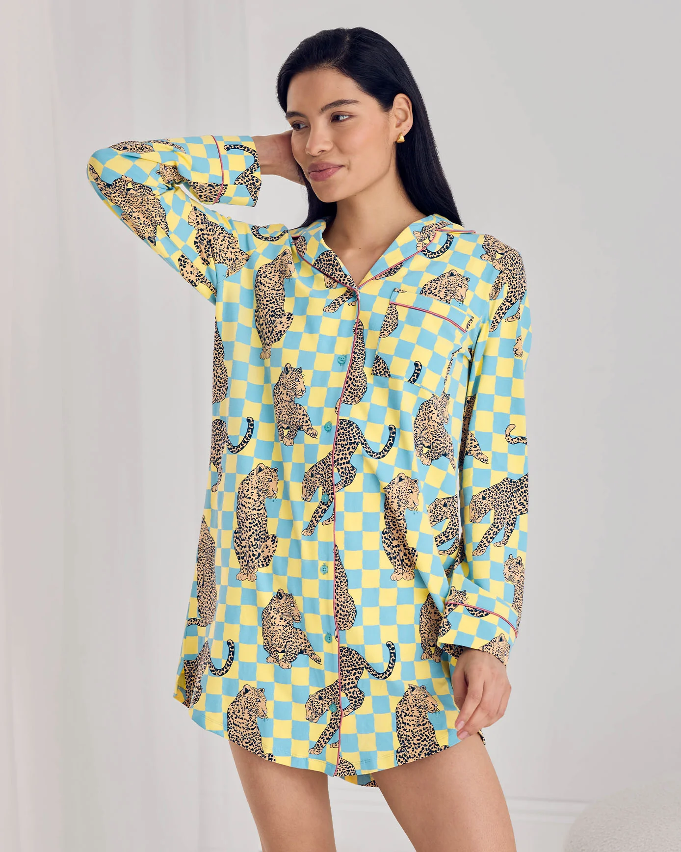 Organic Cotton Checkerboard Leopards Print Button-Up Nightshirt - Image 5