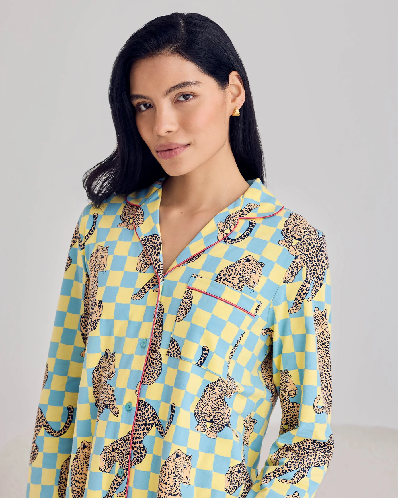 Organic Cotton Checkerboard Leopards Print Button-Up Nightshirt - Image 6