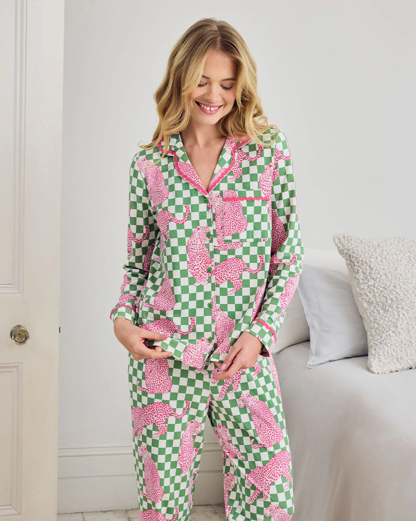 Organic Cotton Checkerboard Leopards Print Long Pyjama Set - Image 3