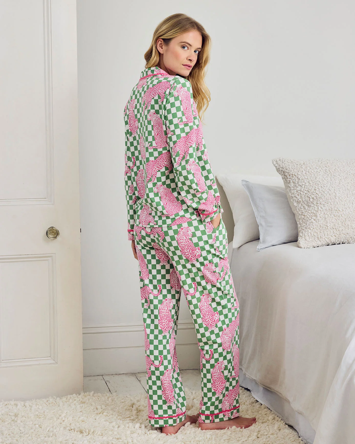 Organic Cotton Checkerboard Leopards Print Long Pyjama Set - Image 5