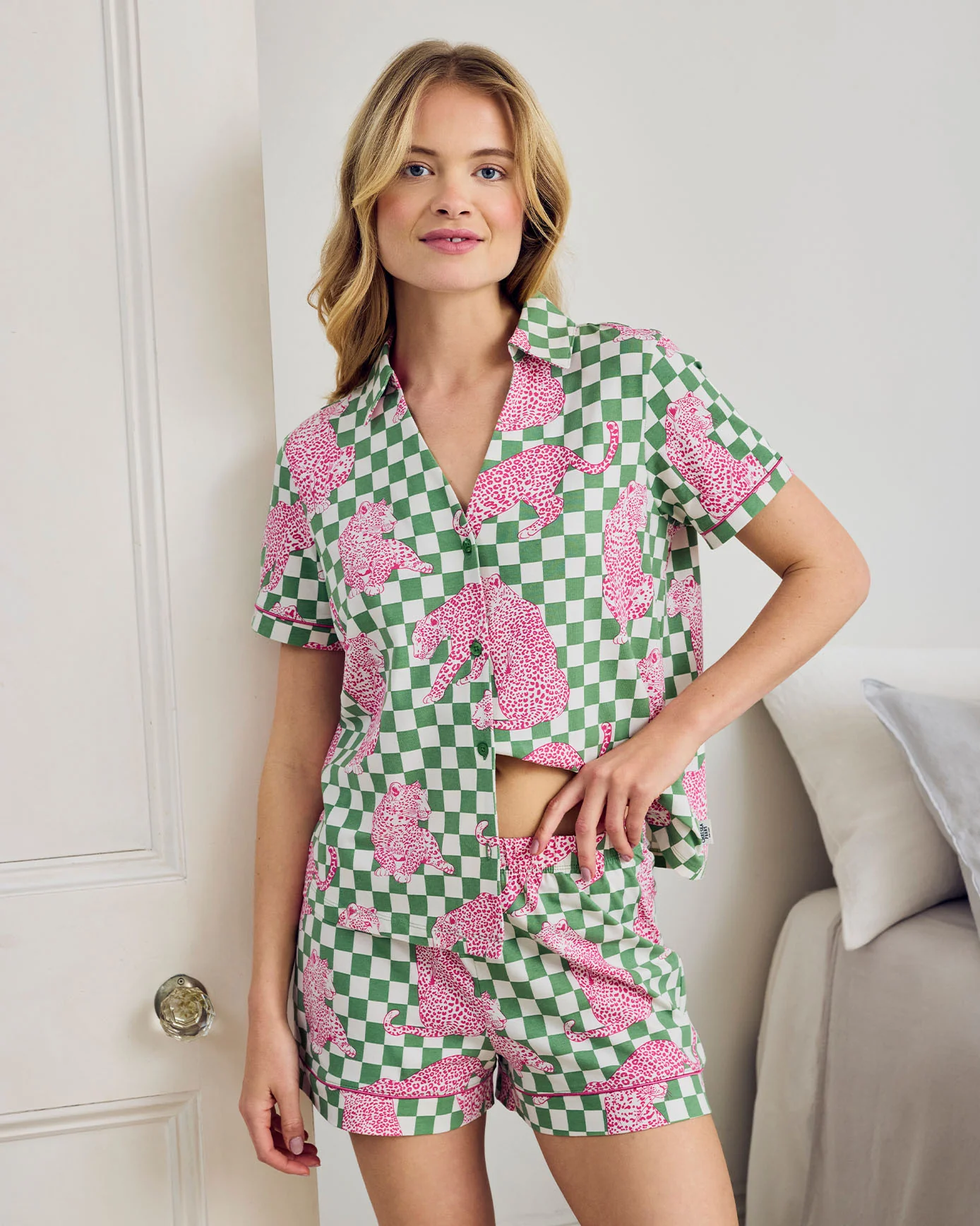 Organic Cotton Checkerboard Leopards Print Short Pyjama Set