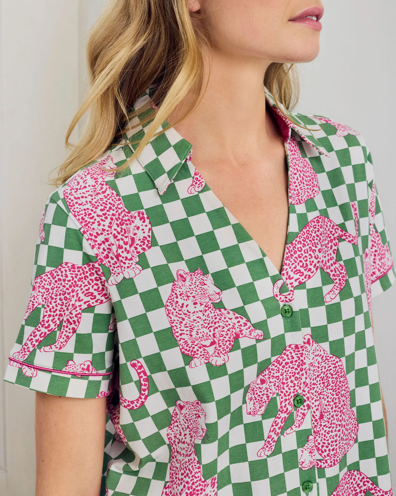Organic Cotton Checkerboard Leopards Print Short Pyjama Set - Image 4