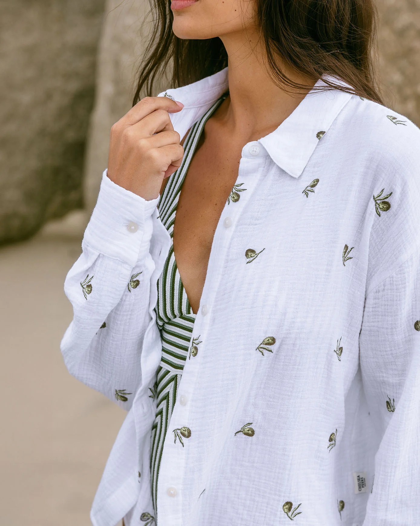 Organic Cotton Cheesecloth Embroidered Olive Print Long Sleeve Shirt - Image 4