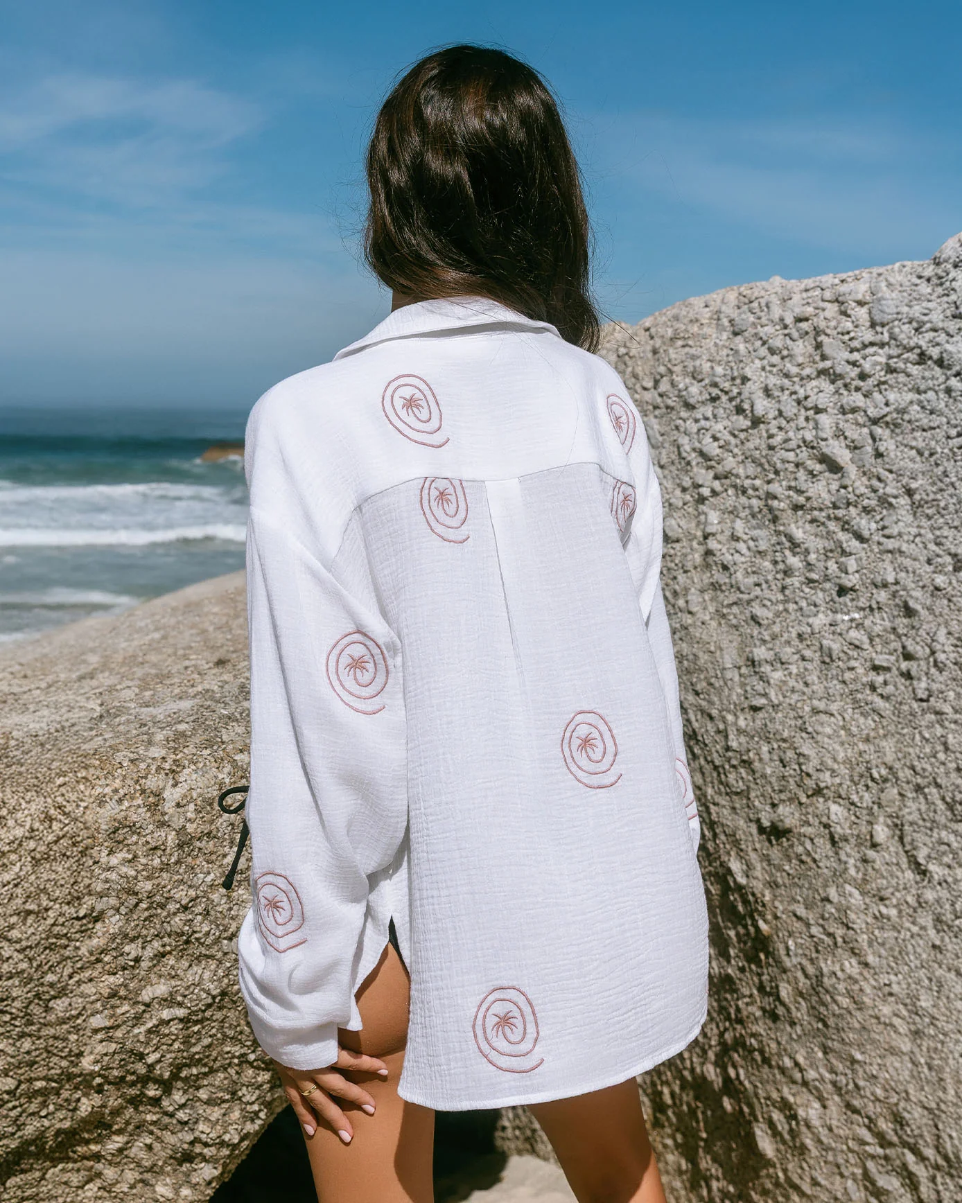 Organic Cotton Cheesecloth Embroidered Palm Loop Long Sleeve Shirt - Cream - Image 3