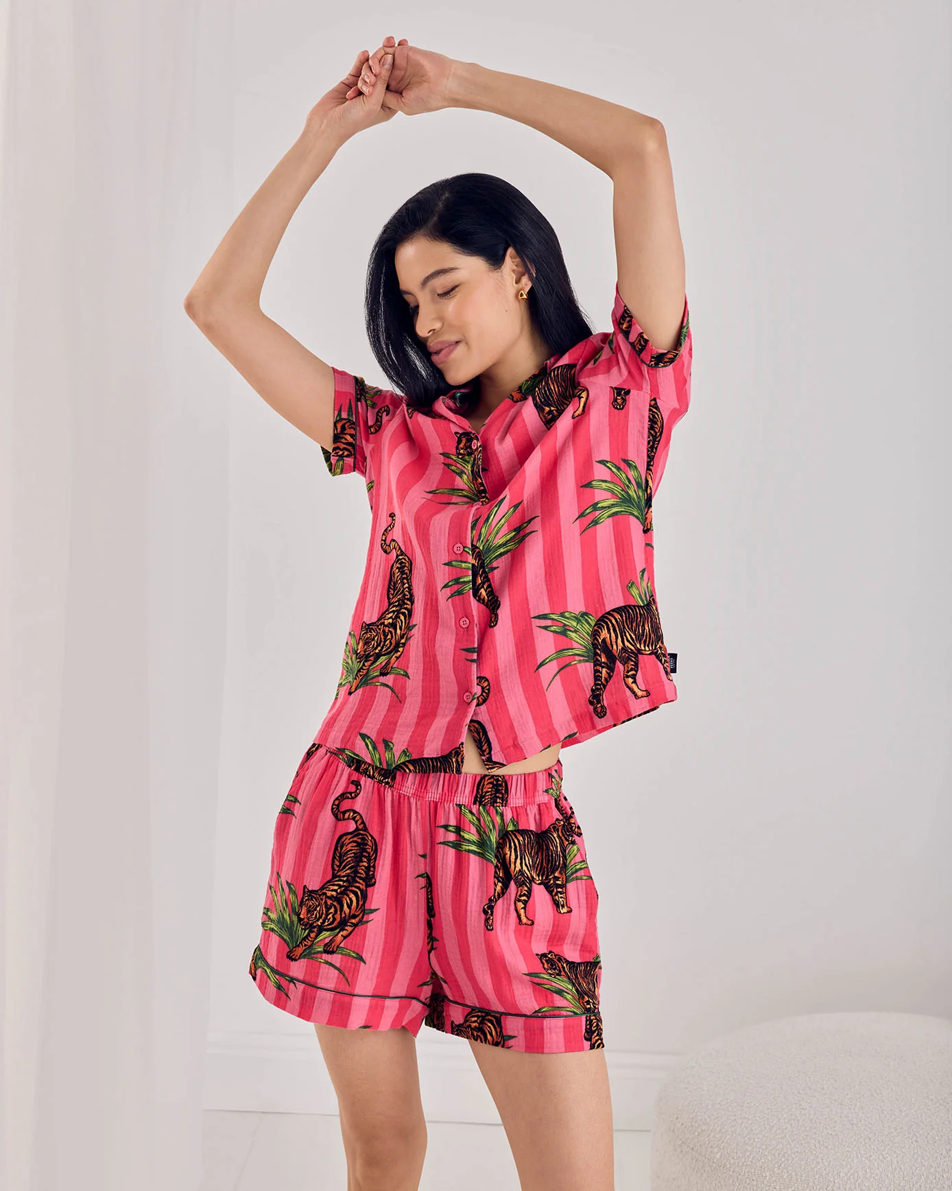 Organic Cotton Cheesecloth Leaf Tiger Stripe Print Short Pyjama Set