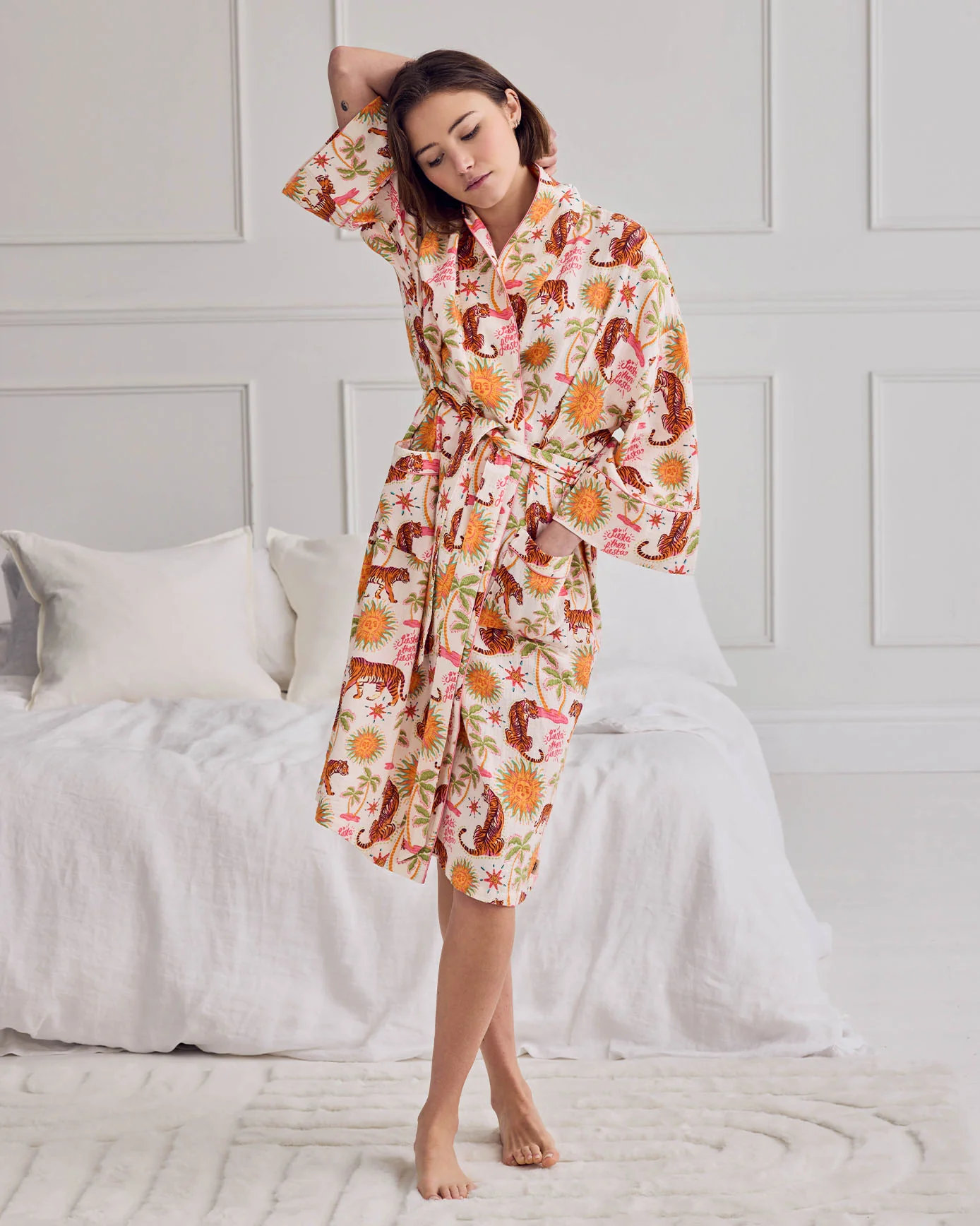 Organic Cotton Cheesecloth Siesta Tiger Print Dressing Gown