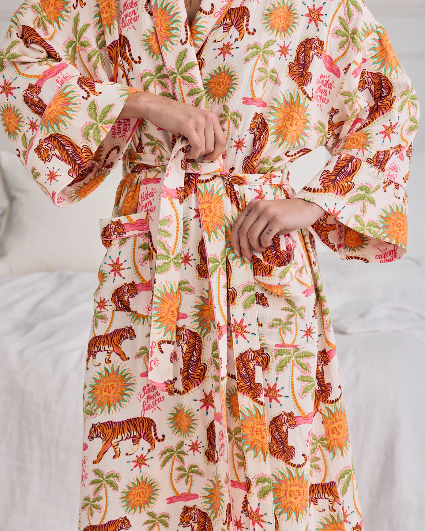 Organic Cotton Cheesecloth Siesta Tiger Print Dressing Gown - Image 3