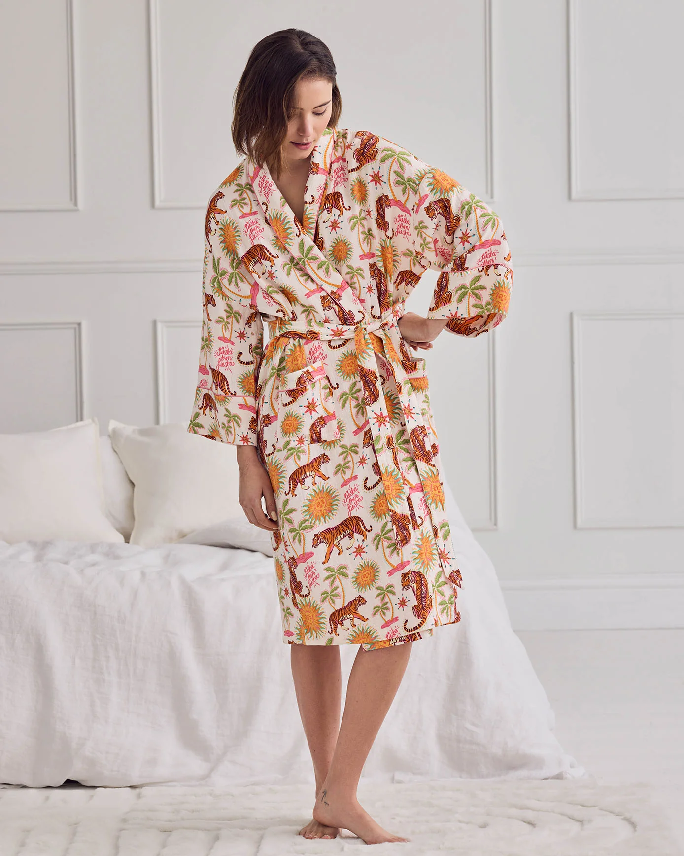 Organic Cotton Cheesecloth Siesta Tiger Print Dressing Gown - Image 4