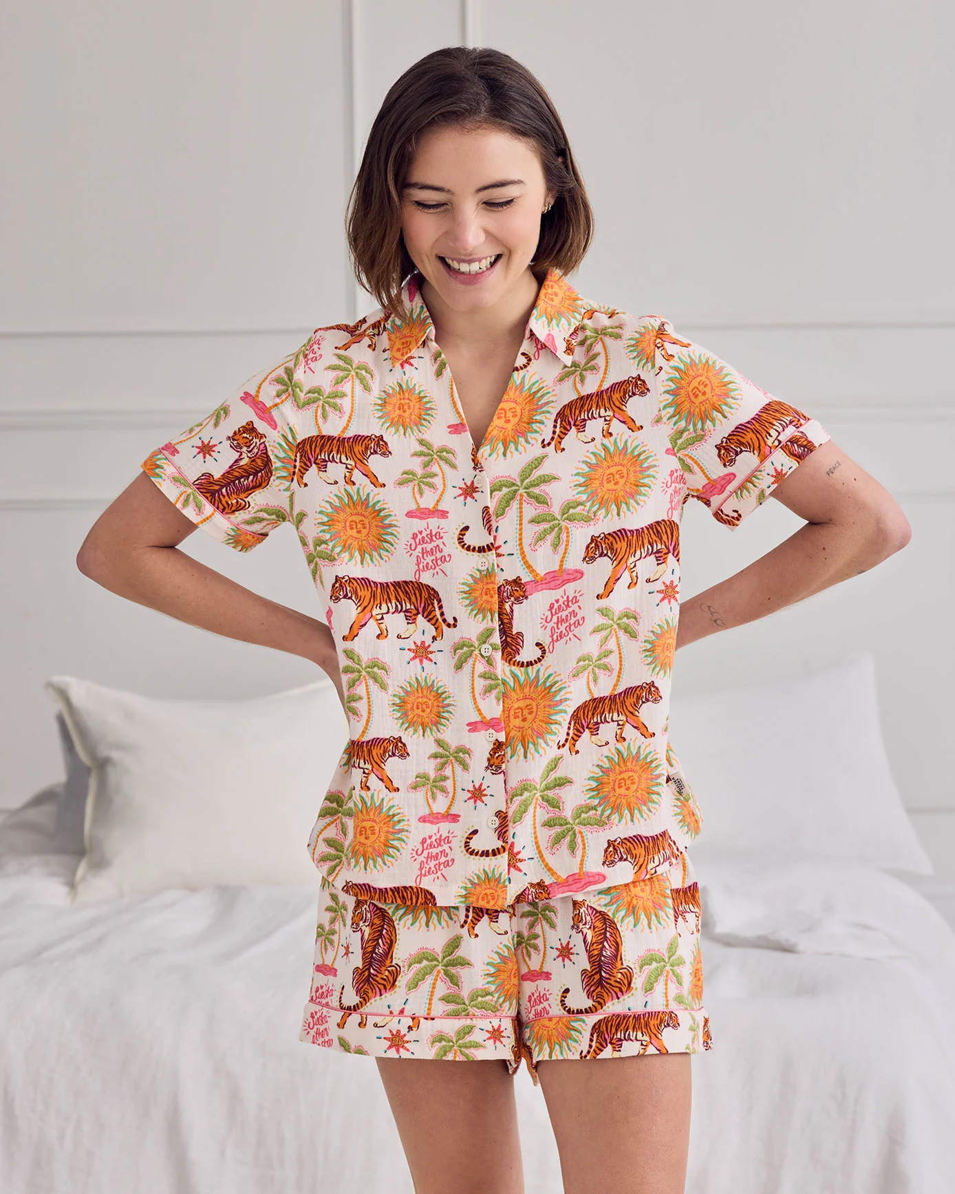 Organic Cotton Cheesecloth Siesta Tiger Print Short Button Up Pyjama Set - Image 2