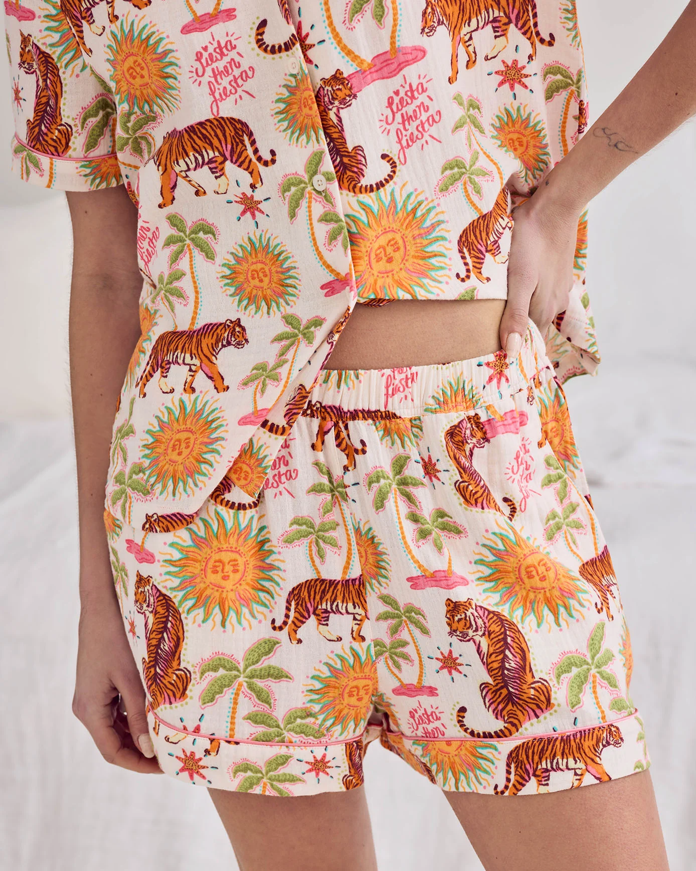 Organic Cotton Cheesecloth Siesta Tiger Print Short Button Up Pyjama Set - Image 4