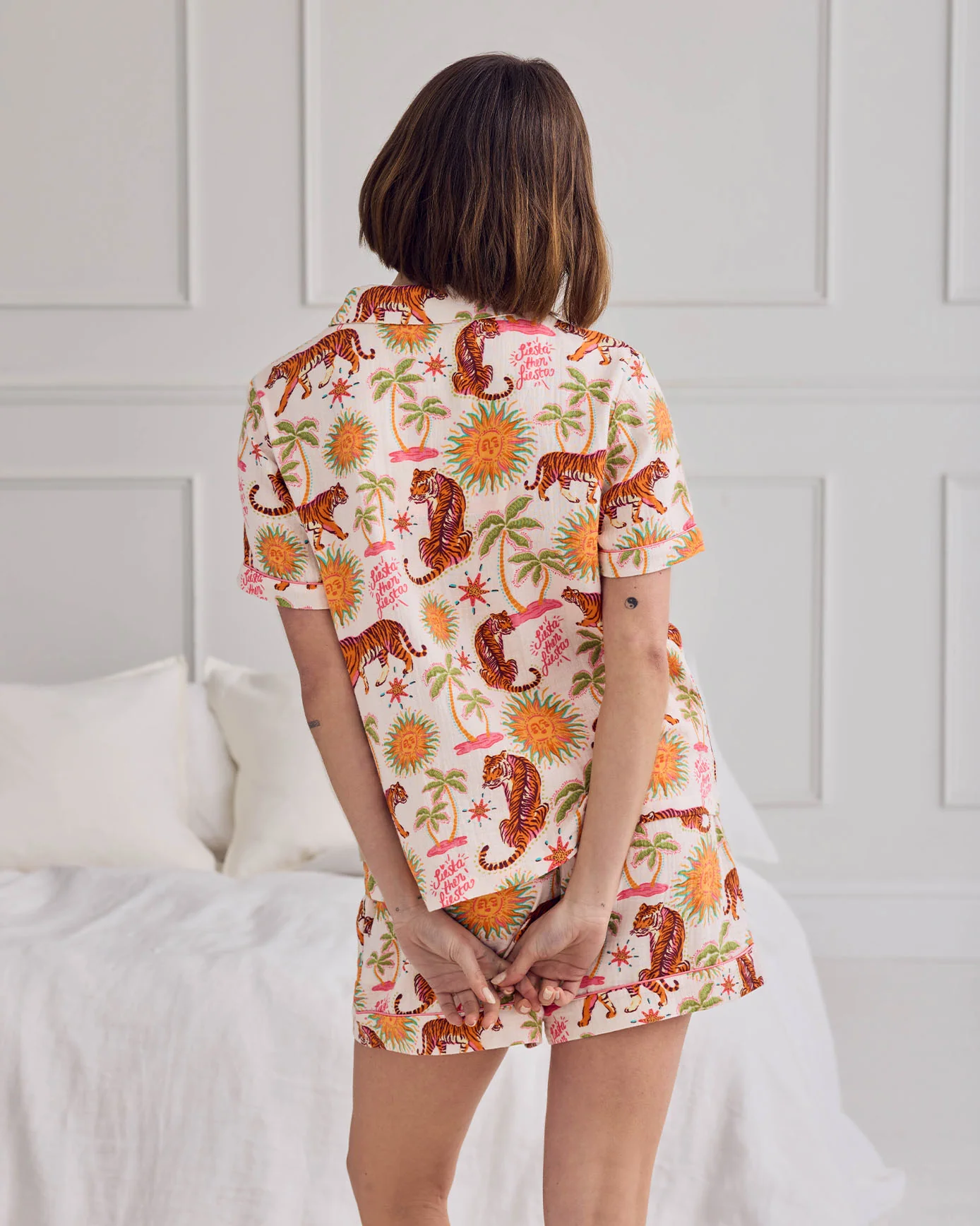Organic Cotton Cheesecloth Siesta Tiger Print Short Button Up Pyjama Set - Image 5