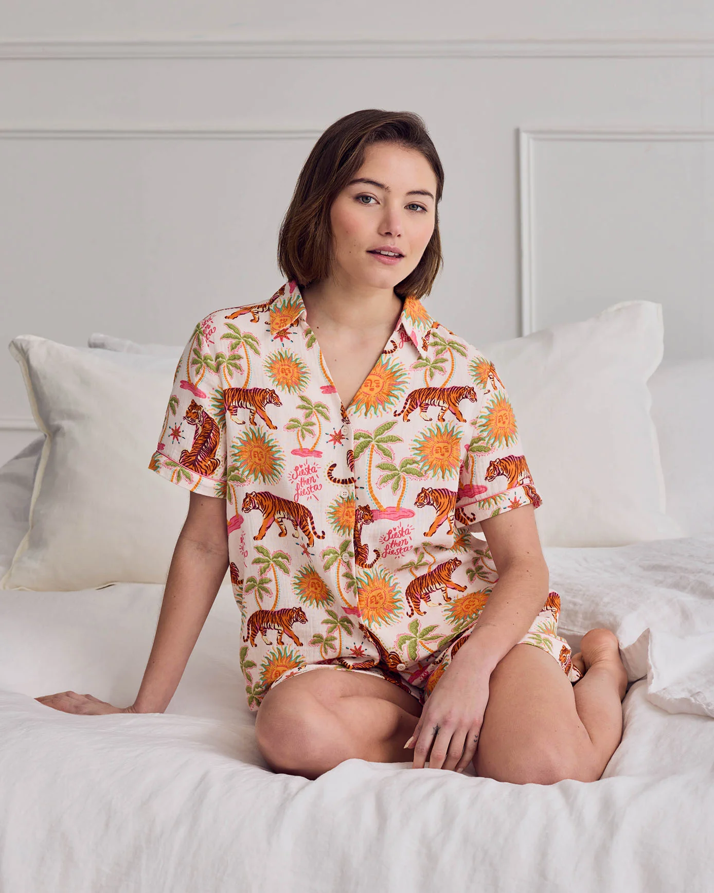 Organic Cotton Cheesecloth Siesta Tiger Print Short Button Up Pyjama Set - Image 6