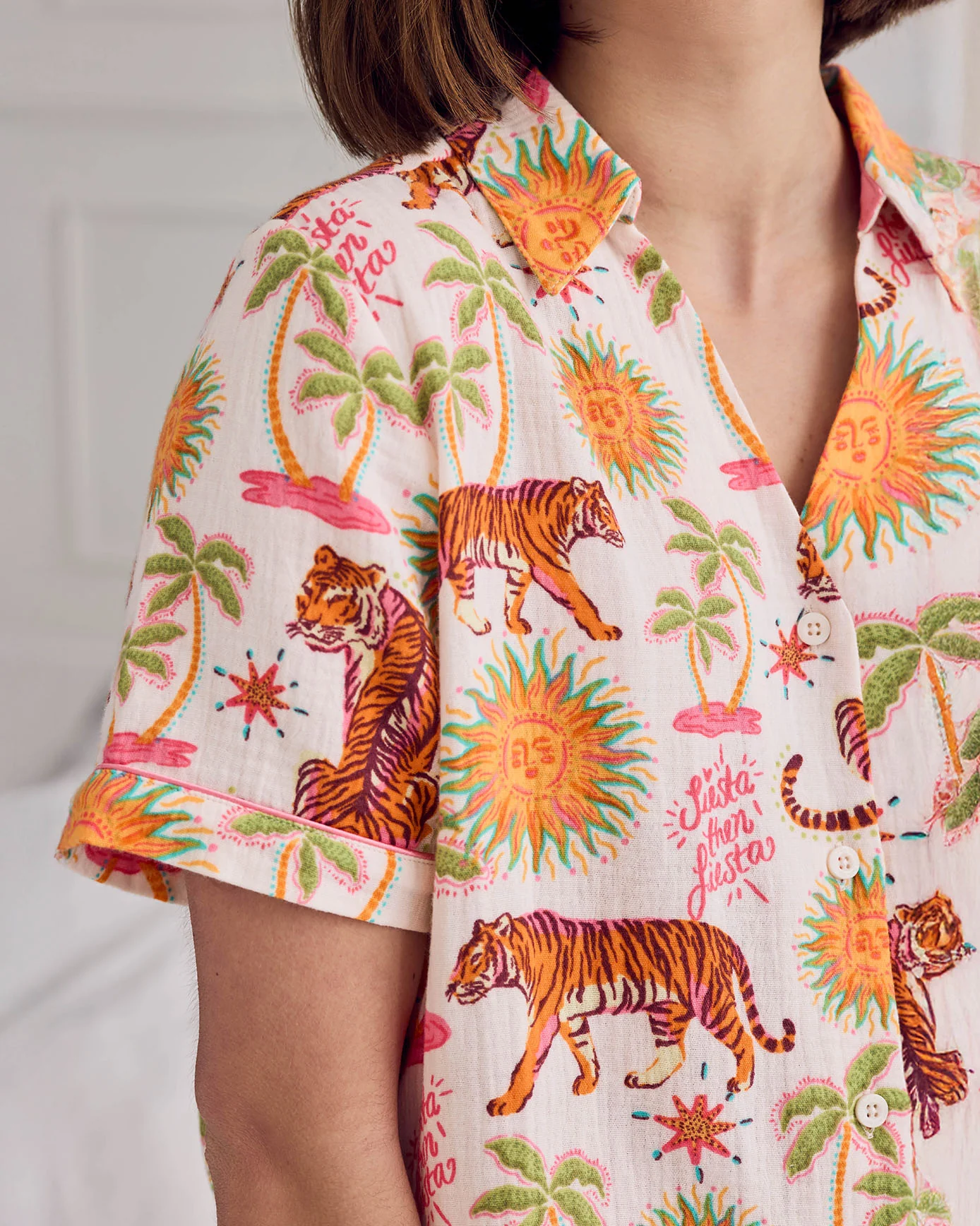 Organic Cotton Cheesecloth Siesta Tiger Print Short Button Up Pyjama Set - Image 7
