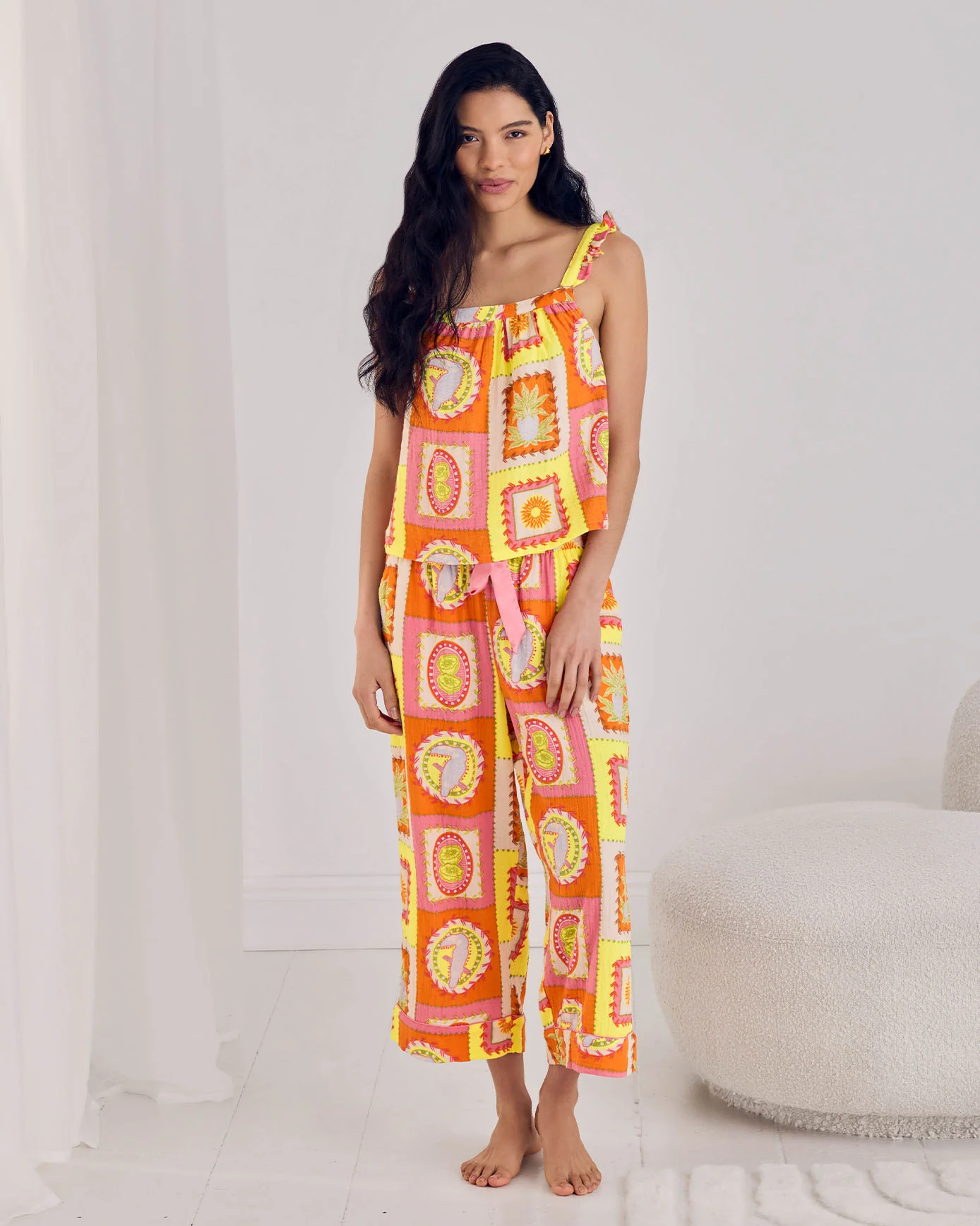 Organic Cotton Cheesecloth Tropical Patchwork Print Frill Cami Long Pyjama Set