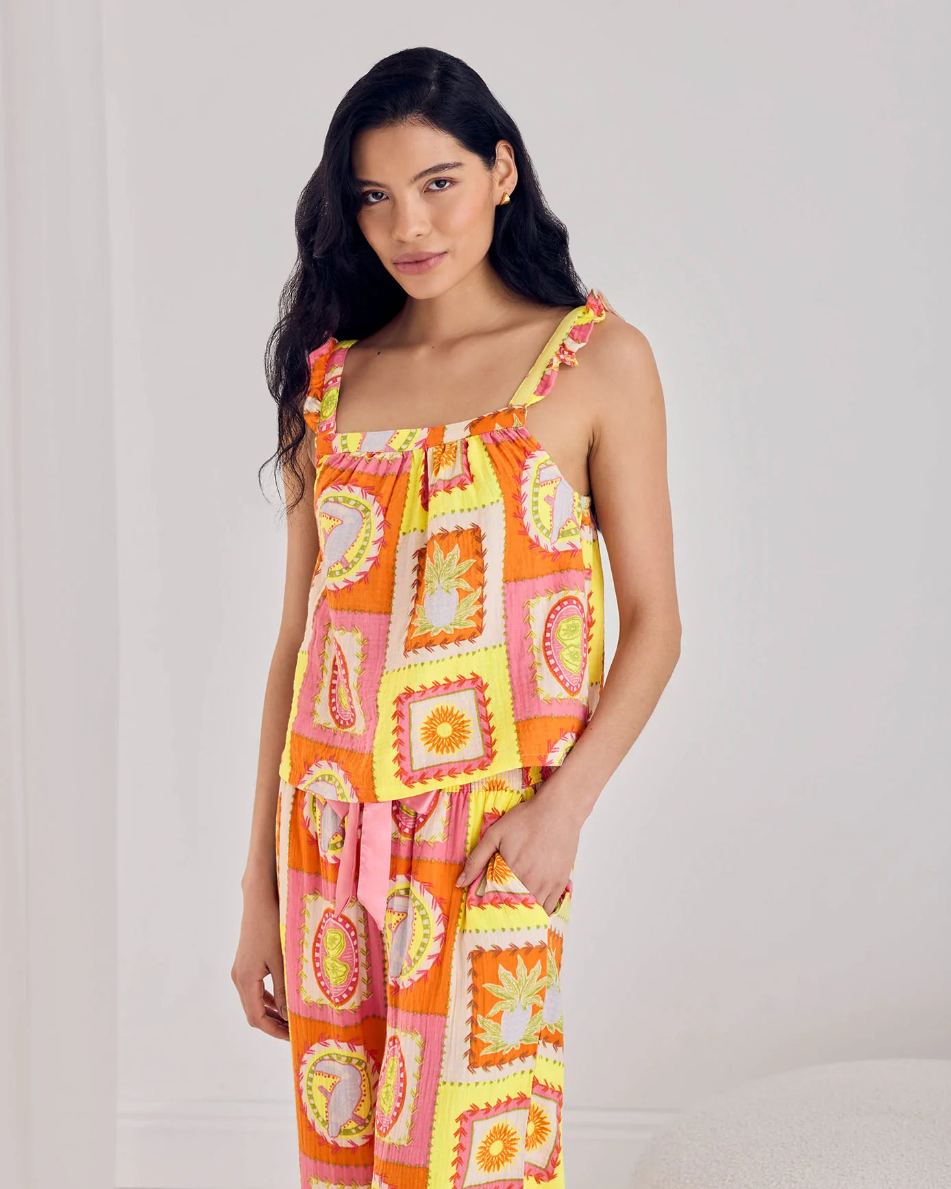 Organic Cotton Cheesecloth Tropical Patchwork Print Frill Cami Long Pyjama Set - Image 2