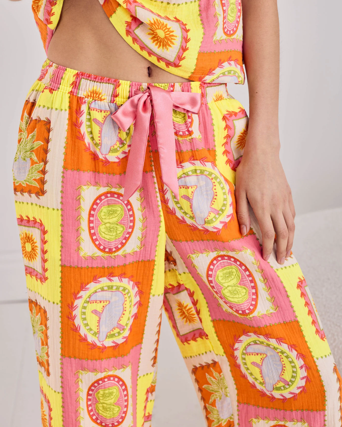 Organic Cotton Cheesecloth Tropical Patchwork Print Frill Cami Long Pyjama Set - Image 4