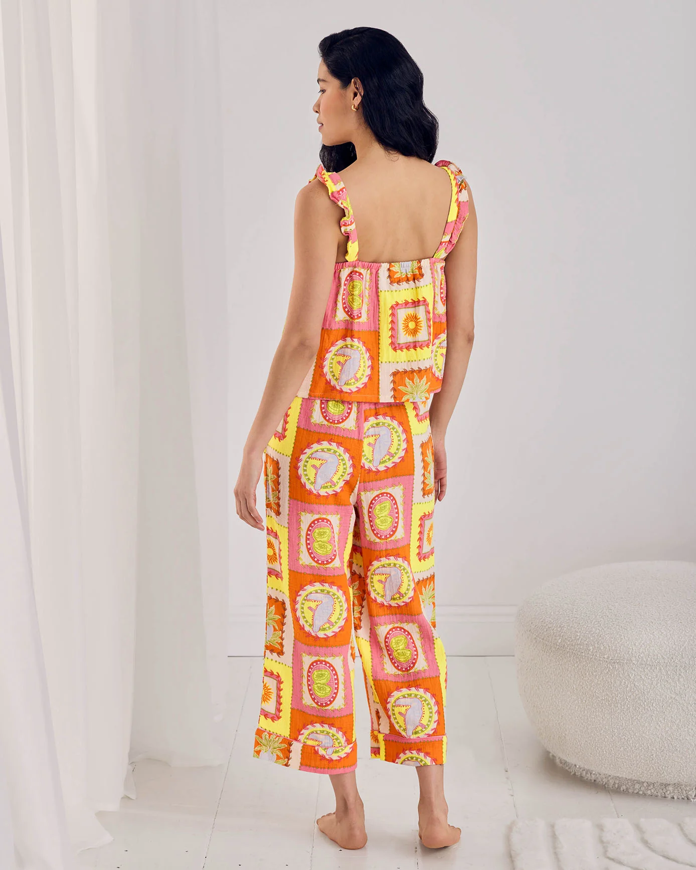 Organic Cotton Cheesecloth Tropical Patchwork Print Frill Cami Long Pyjama Set - Image 5