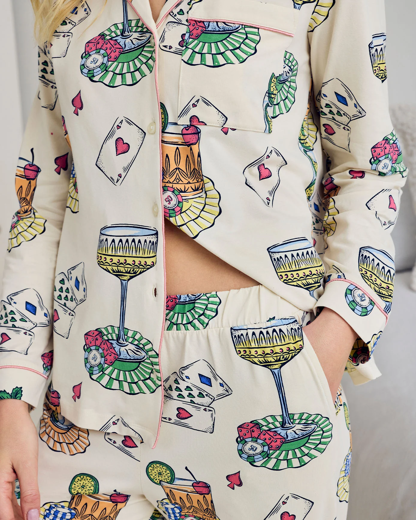 Organic Cotton Cocktails & Cards Print Long Pyjama Set - Image 3