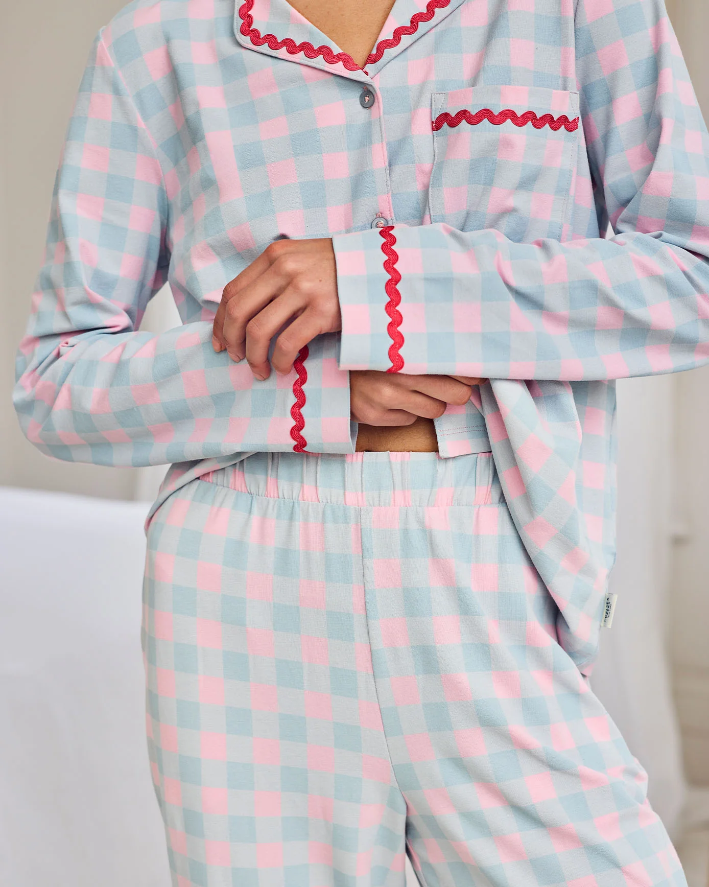 Organic Cotton Embroidered Back Do Not Disturb Check Long Pyjama Set - Image 4
