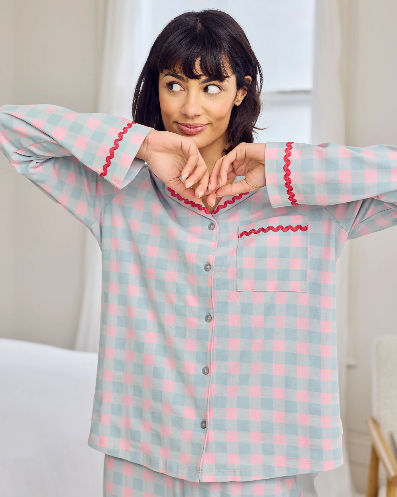 Organic Cotton Embroidered Back Do Not Disturb Check Long Pyjama Set - Image 5