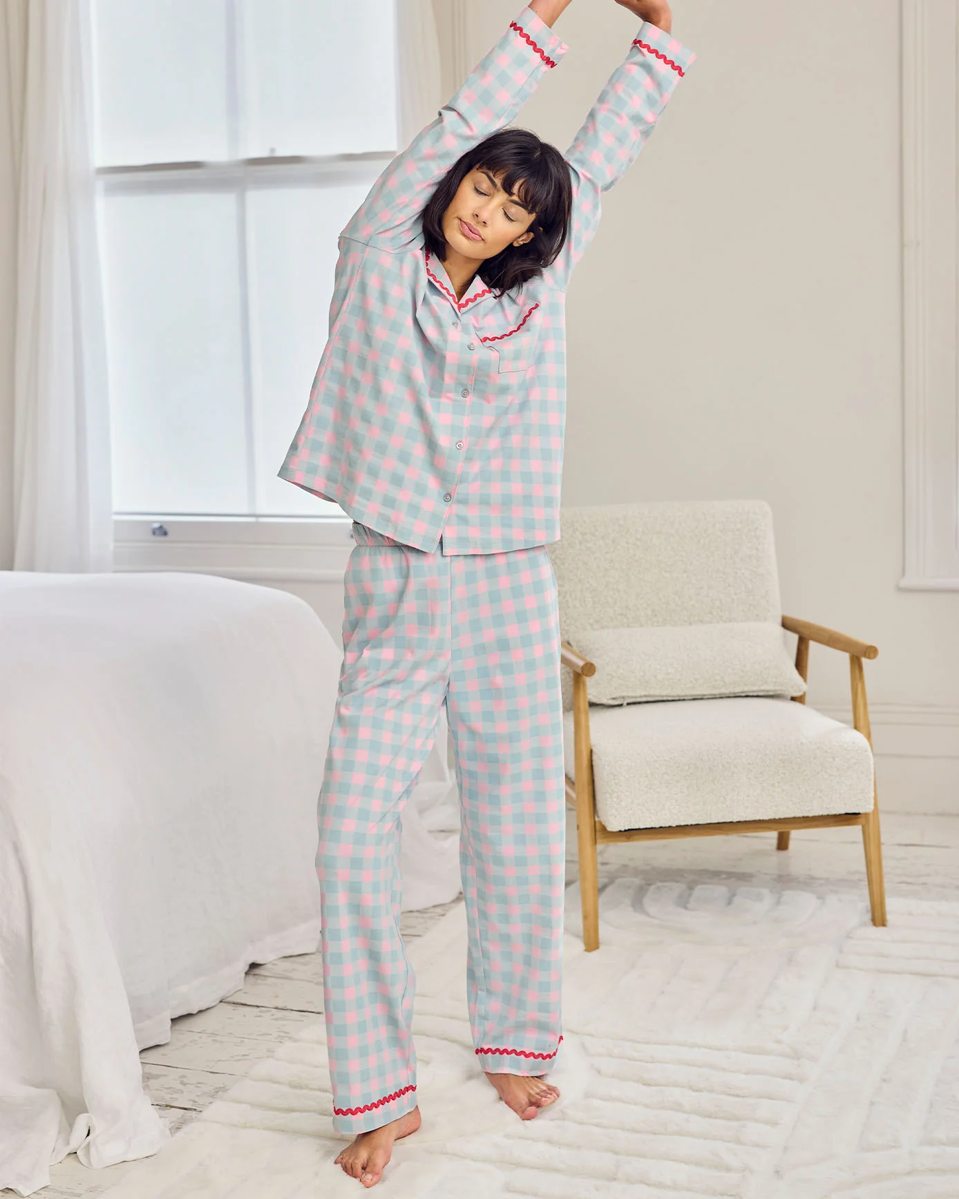 Organic Cotton Embroidered Back Do Not Disturb Check Long Pyjama Set - Image 6