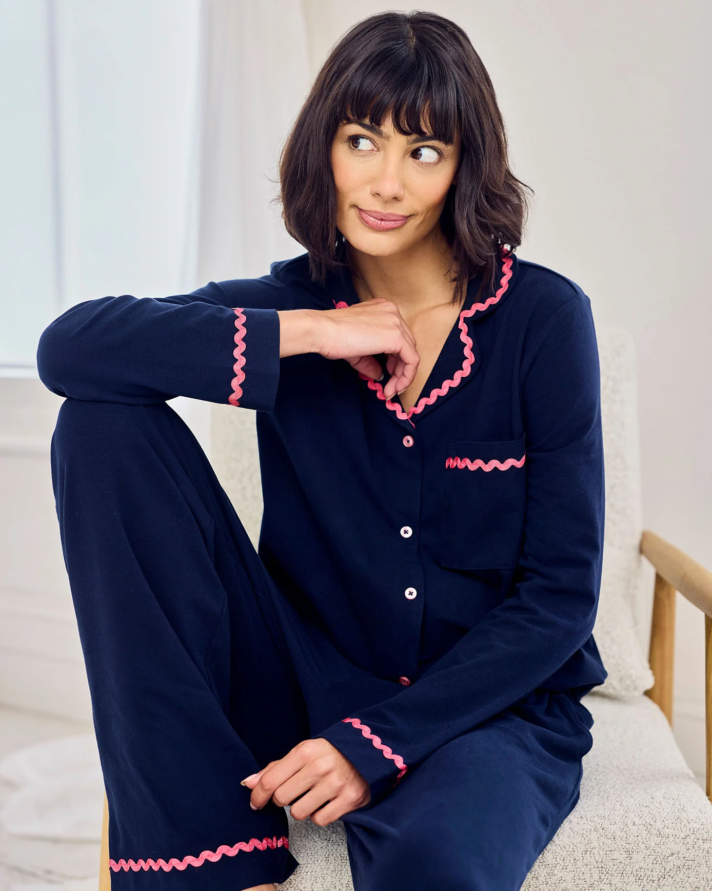 Organic Cotton Embroidered Back Good Morning Long Pyjama Set - Navy - Image 3
