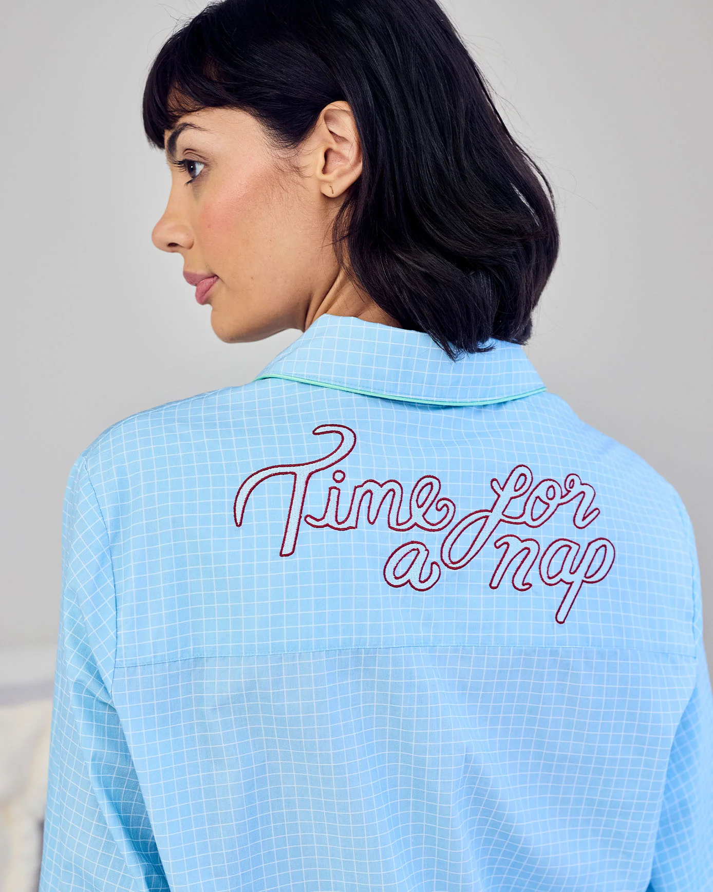 Organic Cotton Embroidered Back Time for a Nap Short Pyjama Set - Blue - Image 2