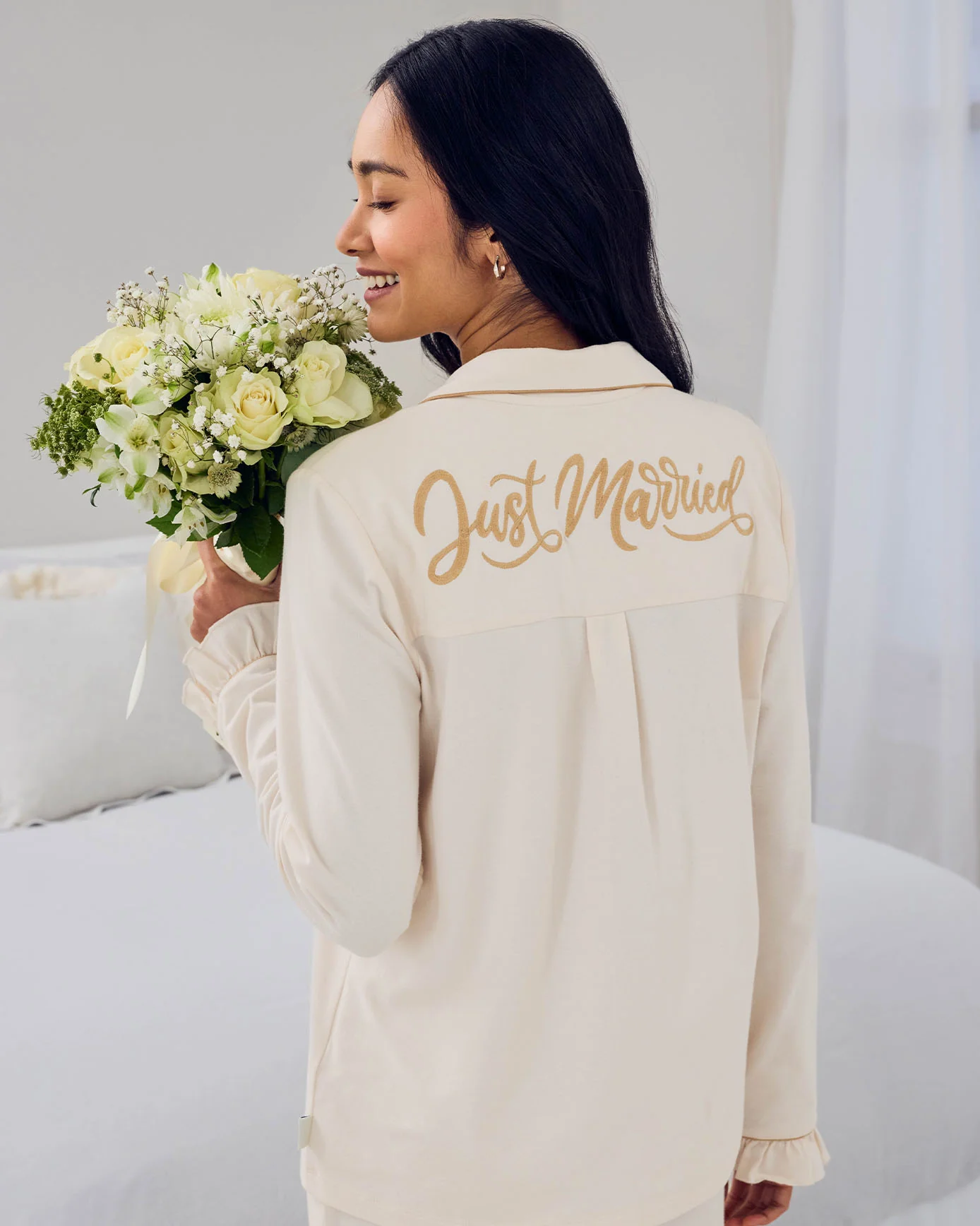 Organic Cotton Embroidered Just Married Frill Long Pyjama Set - Cream