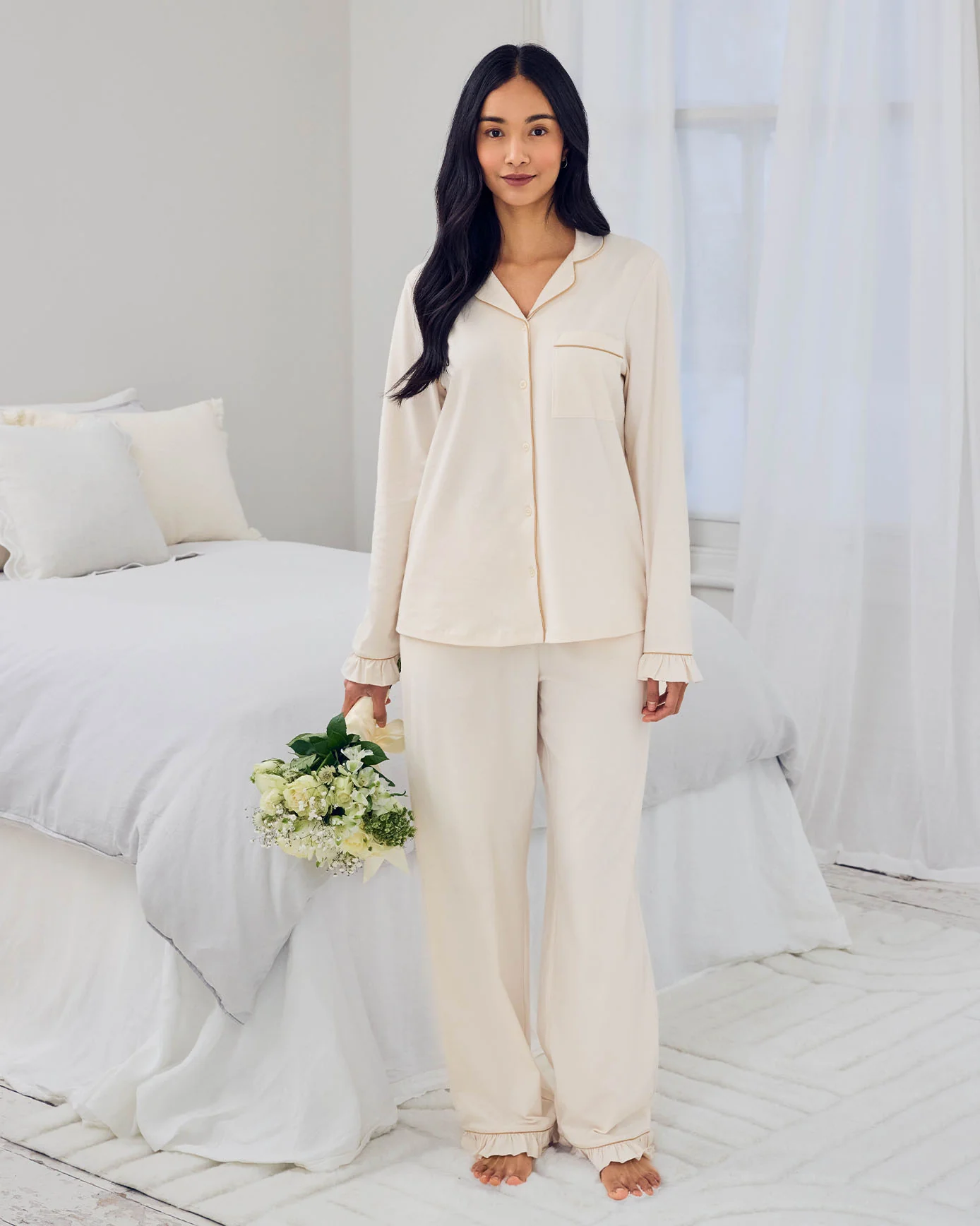 Organic Cotton Embroidered Just Married Frill Long Pyjama Set - Cream - Image 2