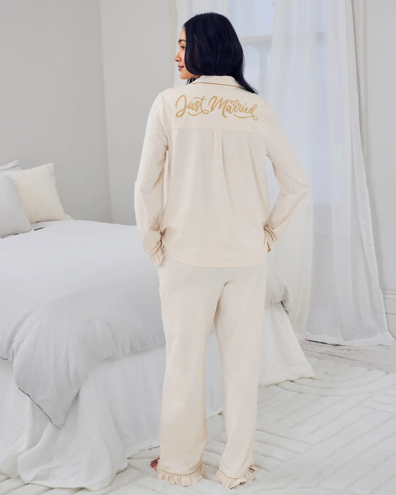 Organic Cotton Embroidered Just Married Frill Long Pyjama Set - Cream - Image 3