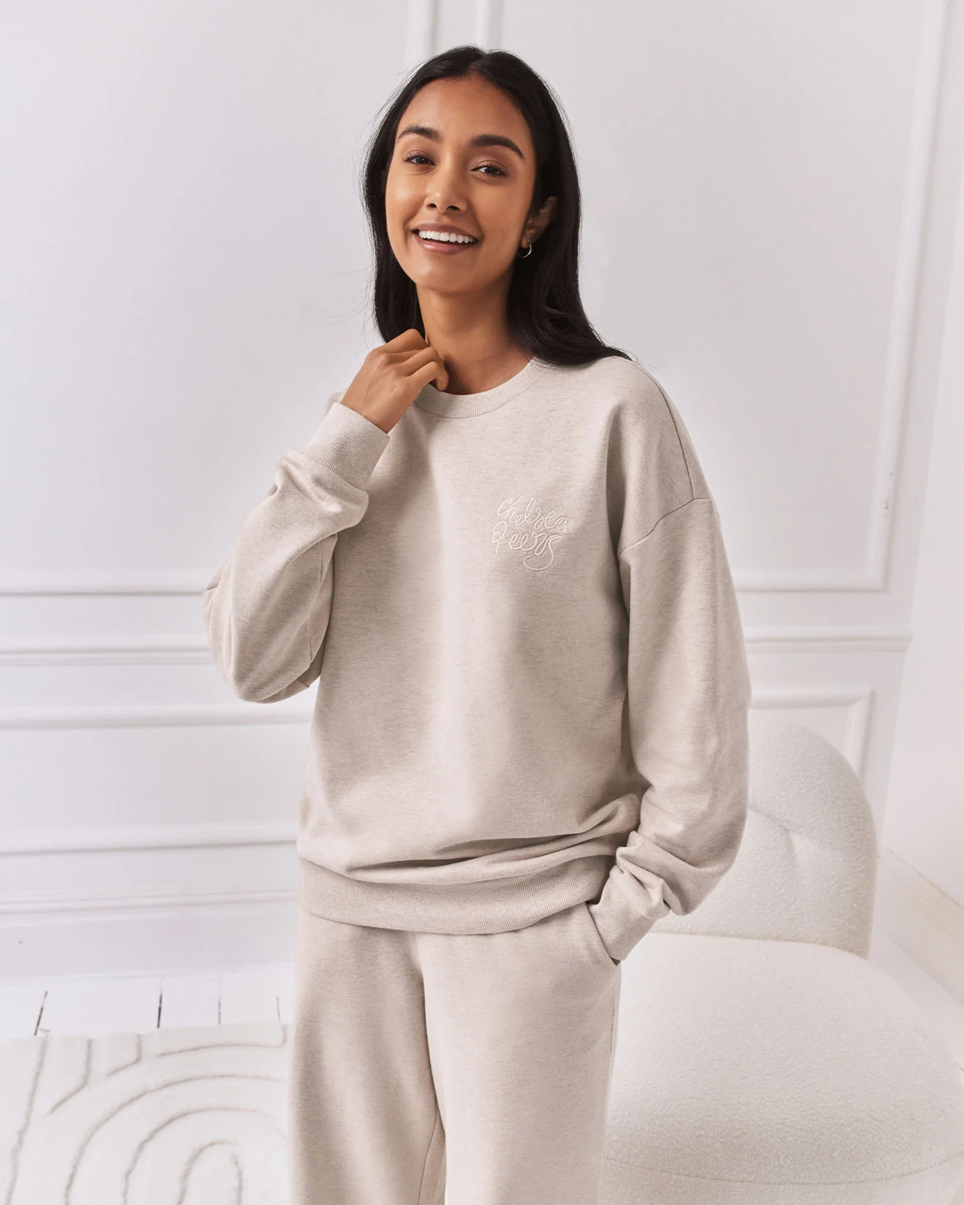 Organic Cotton Embroidered Script Logo Sweatshirt - Beige - Image 3