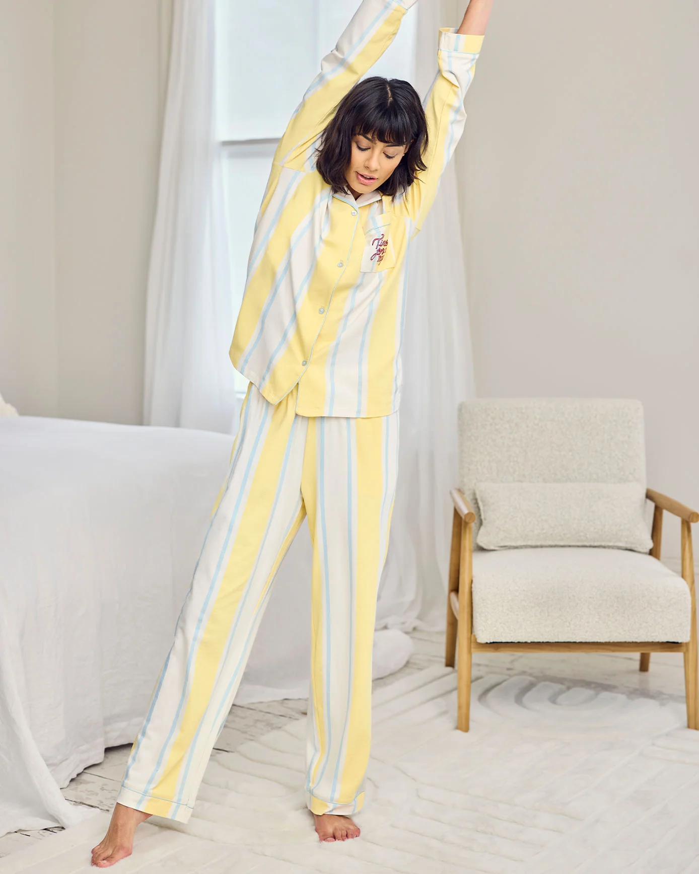 Organic Cotton Embroidered Time for a Nap Long Pyjama Set - Yellow