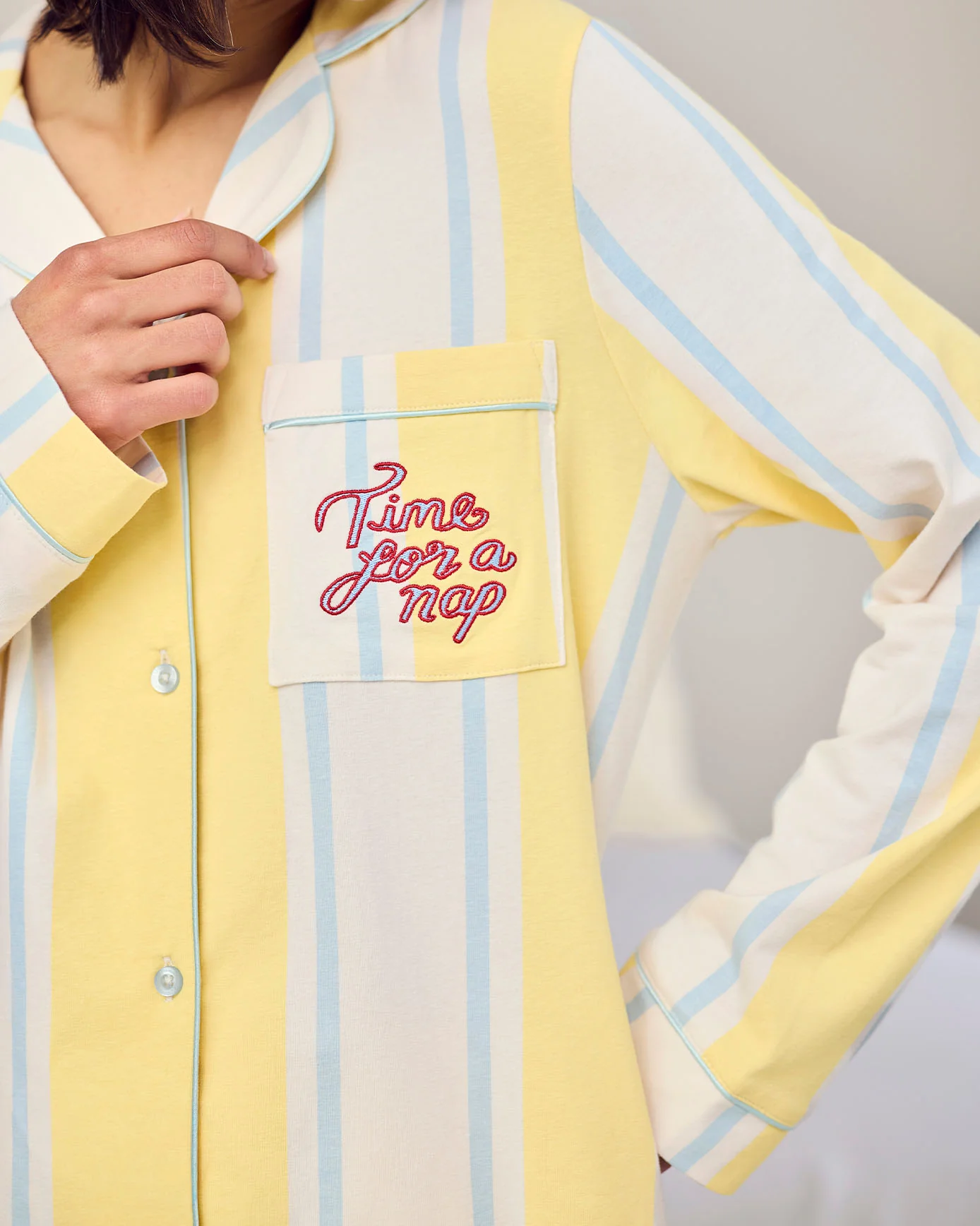 Organic Cotton Embroidered Time for a Nap Long Pyjama Set - Yellow - Image 2