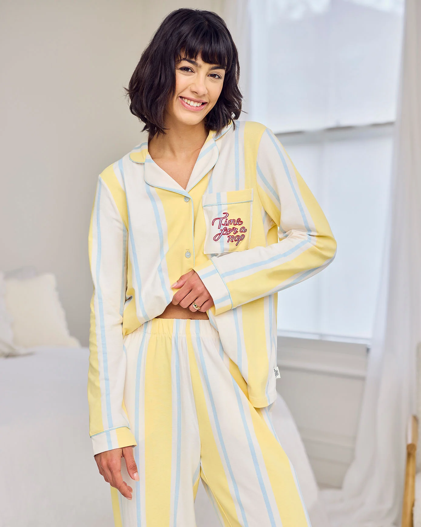 Organic Cotton Embroidered Time for a Nap Long Pyjama Set - Yellow - Image 3